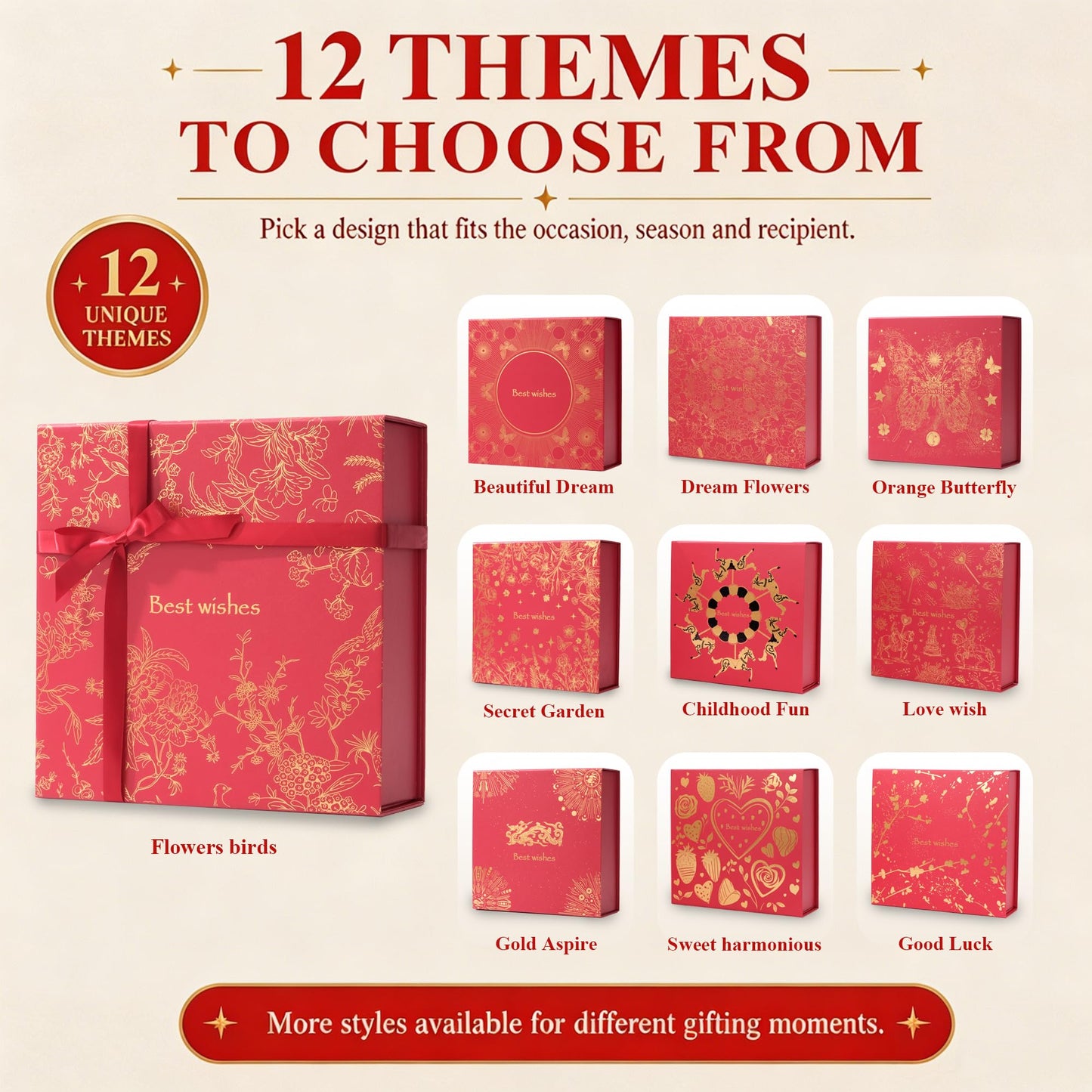 Amalee Luxury Gift Box, Large Deep Red 12”x12”x4” with Strong Magnetic Lid, Elegant Glue-Free Assembly, Includes Ribbon & Card for Wedding, Birthday, Christmas Gift Packaging