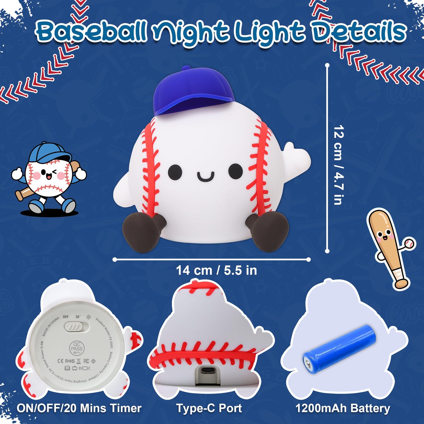 Okayera Baseball Night Light, Sports Baseballs Gifts for Baseball Fan, Soft Silicone Rechargeable LED Touch Lamp, Nursery Bedroom Bedside Decor for Boys Baby Kids Teen Sport Lover Xmas Birthday Gifts
