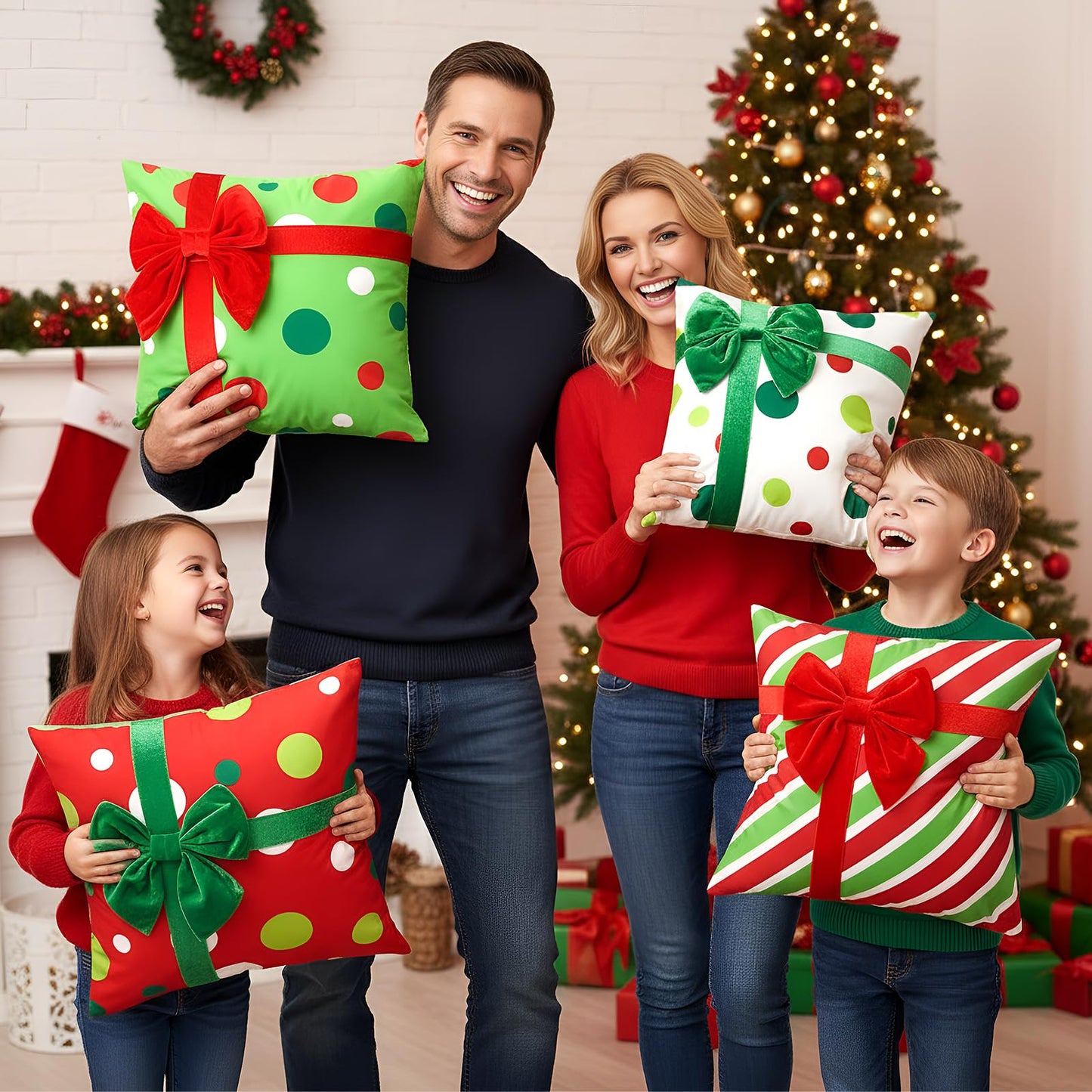 Breling 4 Set Christmas Pillow Covers 3D Bows Gift Box Pillow Cases 18 x 18 Inch Red Green Stripe Dot Xmas Winter Cushion Cases for Christmas Home Chair Bed Sofa Cushion Decor