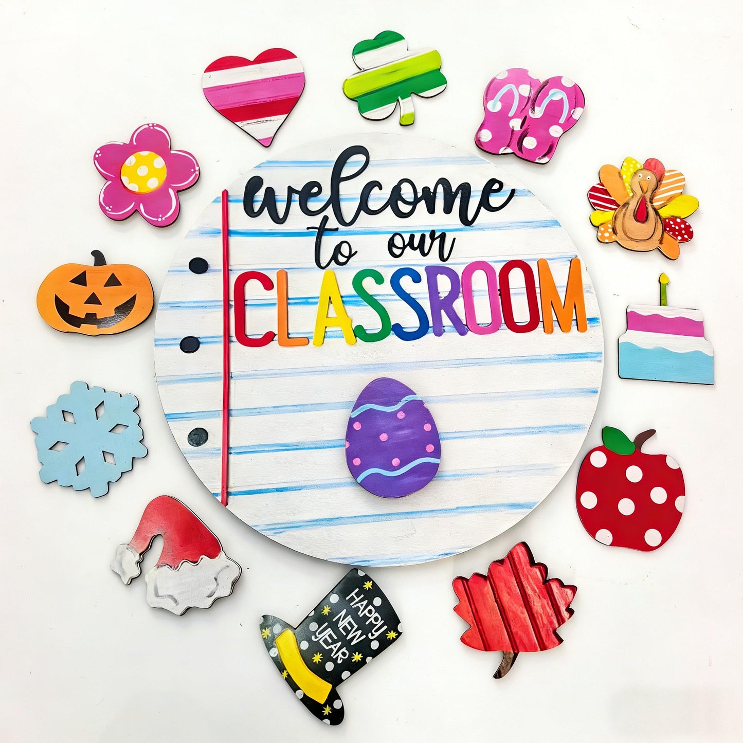 Welcome to Classroom Front Door Decoration Sign, Seasonal Door Sign,-12 inch Interchangeable Wooden Plaque for Classroom/Home, DIY Wall Decor for Christmas Holidays & Back-to-School,13 Patterns