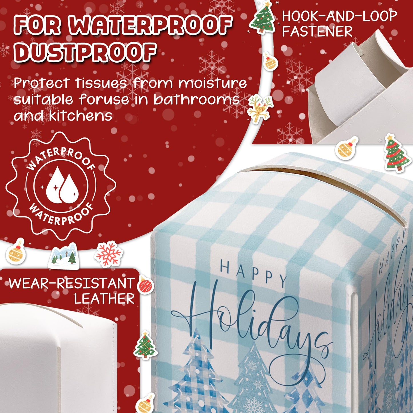 Christmas Box Cover Square, Blue Checkered Christmas Tree Decorative Tissue Box Holder, Waterproof Leather Tissues Boxes Dispenser for Bathroom, Bedroom Nightstand, Office, Car Home Decor