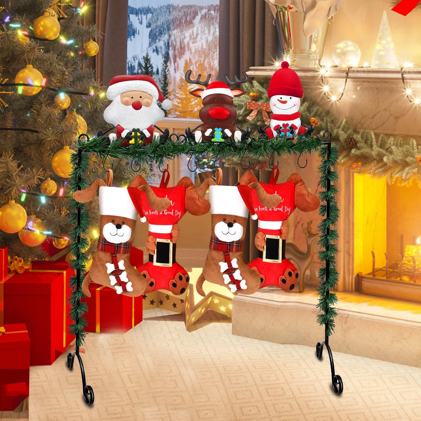 Mukum Christmas Stocking Holder Stand Hangers with 8 Hooks Metal Stocking Holder Freestanding for Floor Christmas Stocking Holders Christmas Decorations