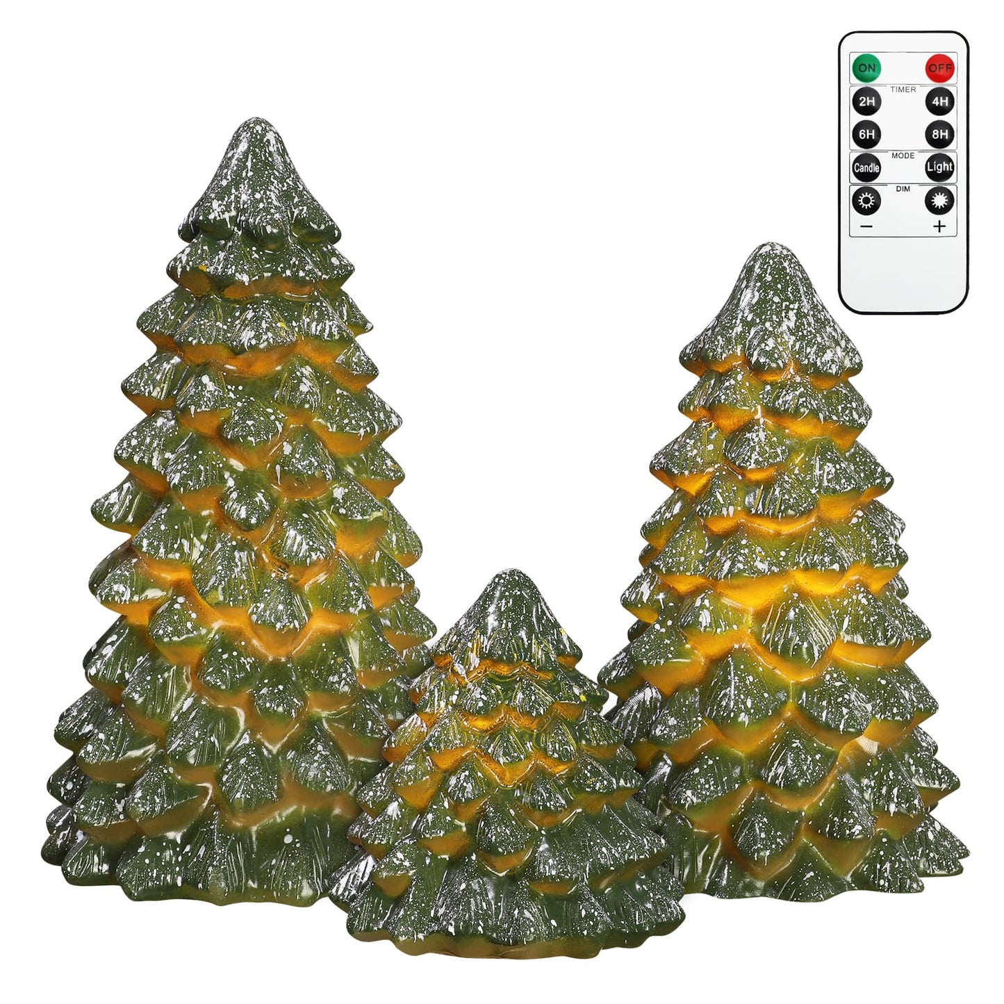 Green Christmas Tree Figurines Hand-Painted Tabletop Tree Flameless Candles Real Wax Flickering LED Battery Operated with Remote Lighted Christmas Tree Decoration for Shelf Fireplace Mantel Holiday