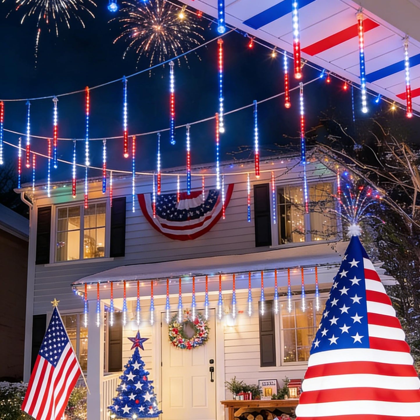 TWINGLEHOME 10 Set 12" 240 LED Meteor Lights with Built-in Connectors – Red, Blue, White for Nation Day