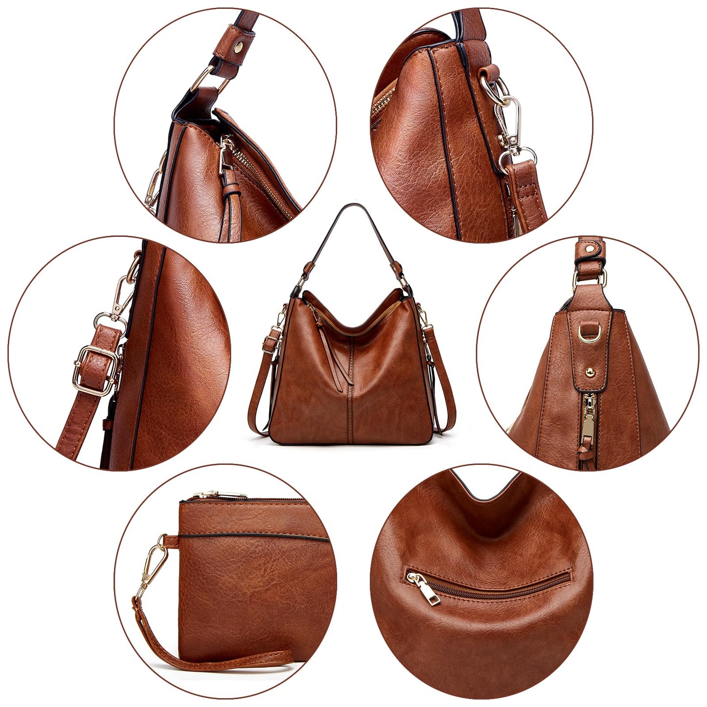 Large Capacity Hobo Tote Bag for Women, Soft Vegan Leather Crossbody Shoulder Handbag, Purse and Wallet Set - Brown