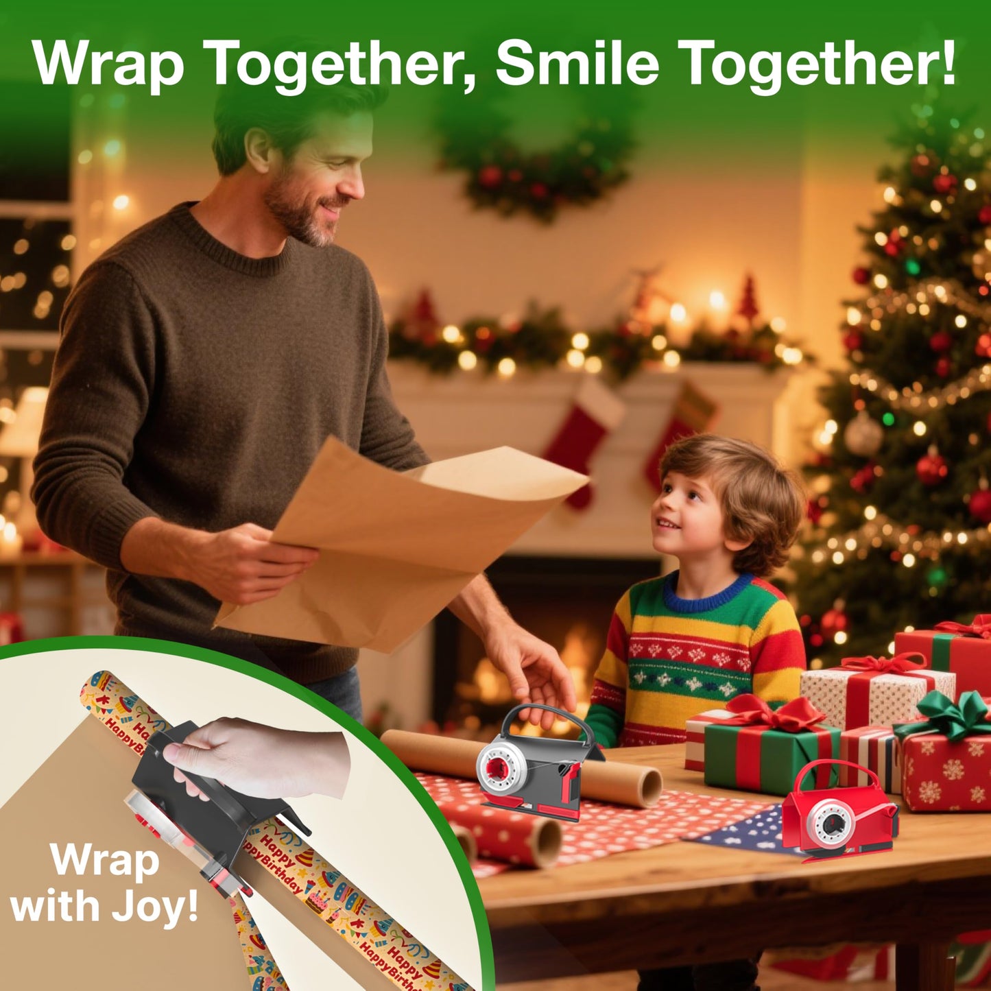 Wraprocut (2-Pack) Wrapping Paper Cutter & Tape Dispenser Dual Use with 4 Tapes,2 Replace Blades Kit for Christmas Gift Wrap Cutter Tool Paper Roll Holder Tube Sliding Slicing for Birthday Holiday.