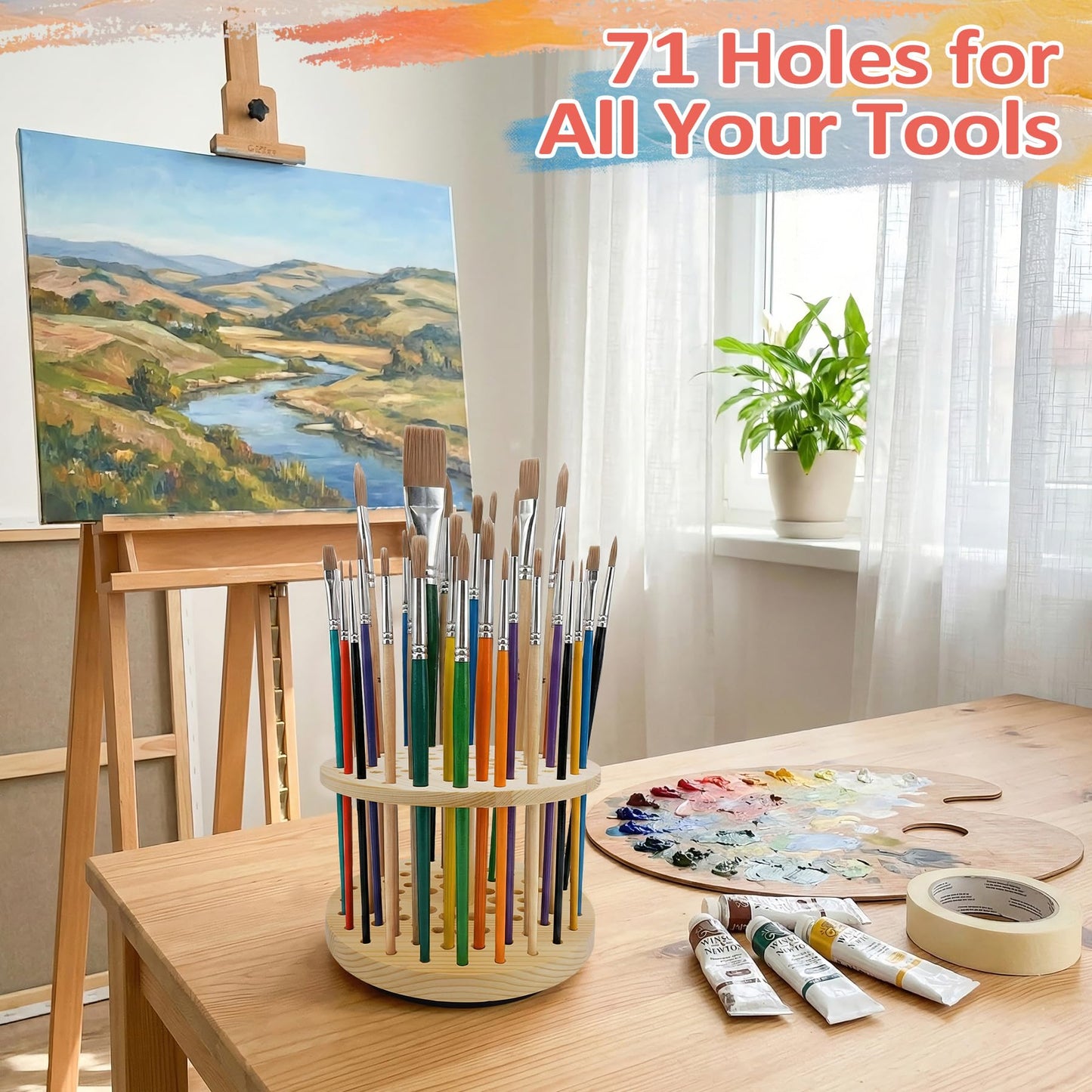 BREENHILL 71-Hole Rotating Paint Brush Holder, Large Capacity Wooden Paint Brush Organizer, 360° Spinning Brush Storage Rack for Watercolor, Acrylic, Calligraphy
