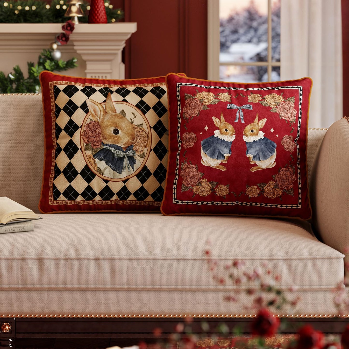 Livebee Bunny Floral Red Pillow Cover Decorations, Velvet Euro Sham Covers Decorative Throw Pillow Covers 18x18 for Couch Sofa Bed Home Decor