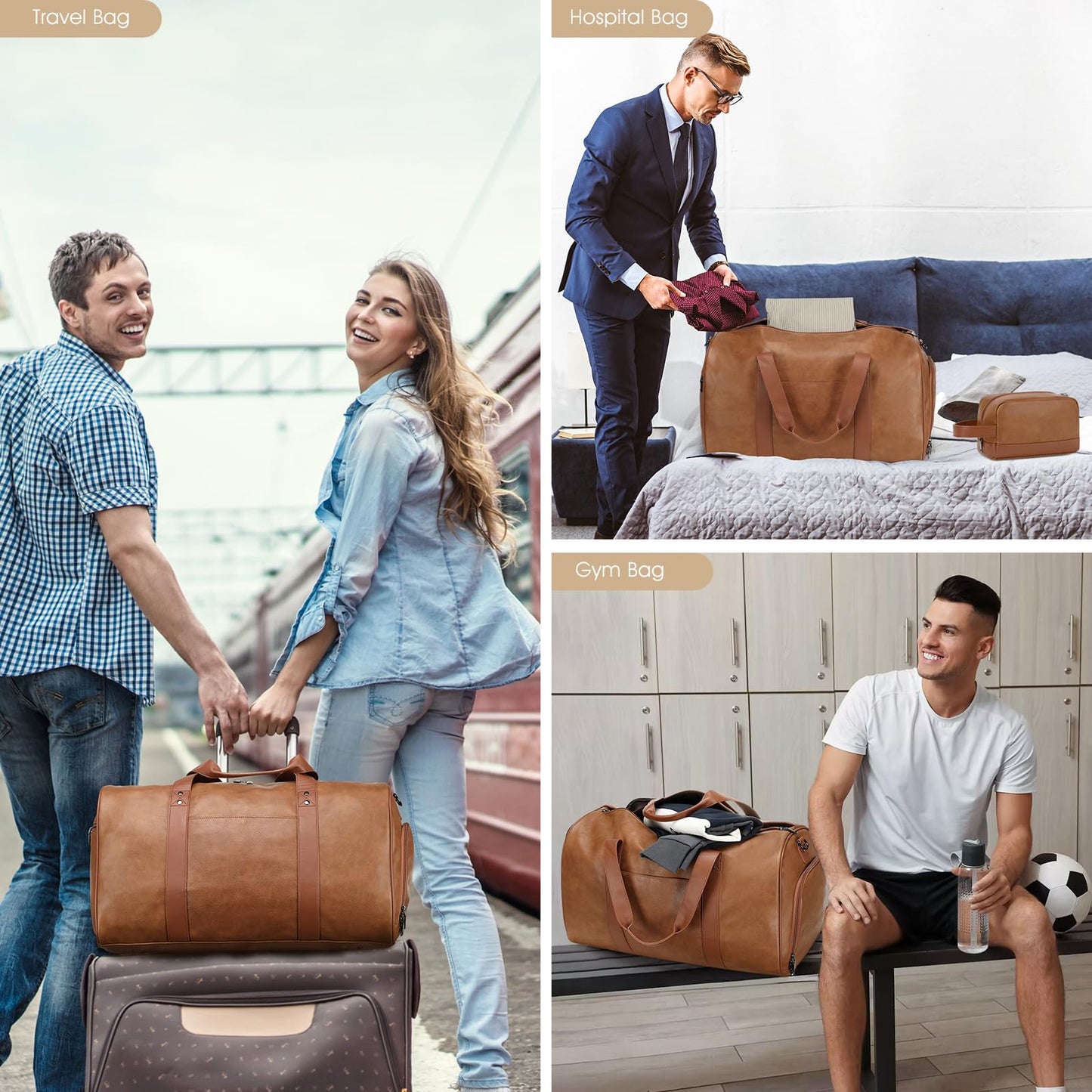 Wogarl 3PCS Faux Leather Weekender Bag for Women Men Large Overnight Bags Travel Duffel with Shoe Compartment Toiletry Packing Cube Carry On Tote Fit 21" Laptop(Light Brown)