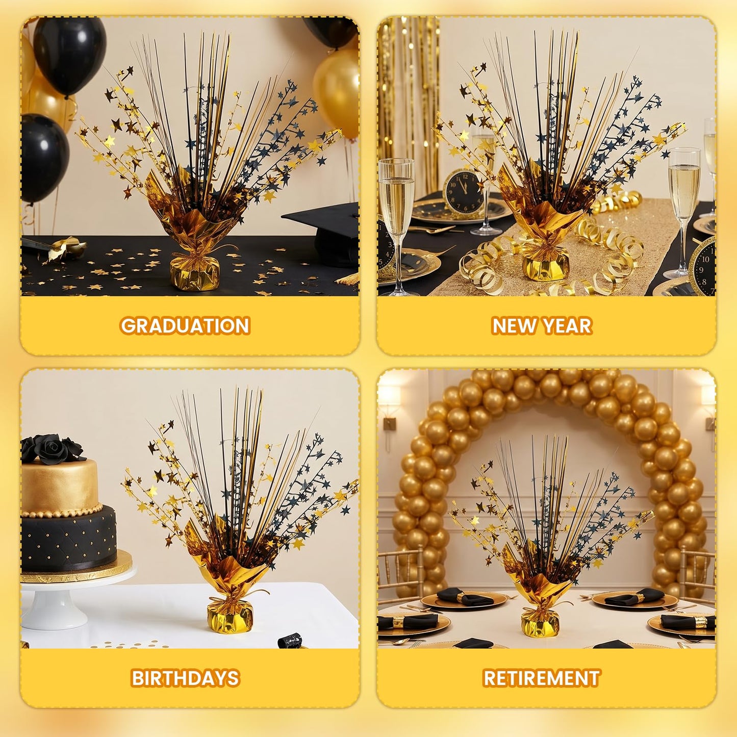12 Pack Metallic Foil Spray Star Centerpieces for Tables, Black and Gold Party Decorations for Wedding Birthday Baby Shower Bachelorette Retirement New Years Party Table Decorations