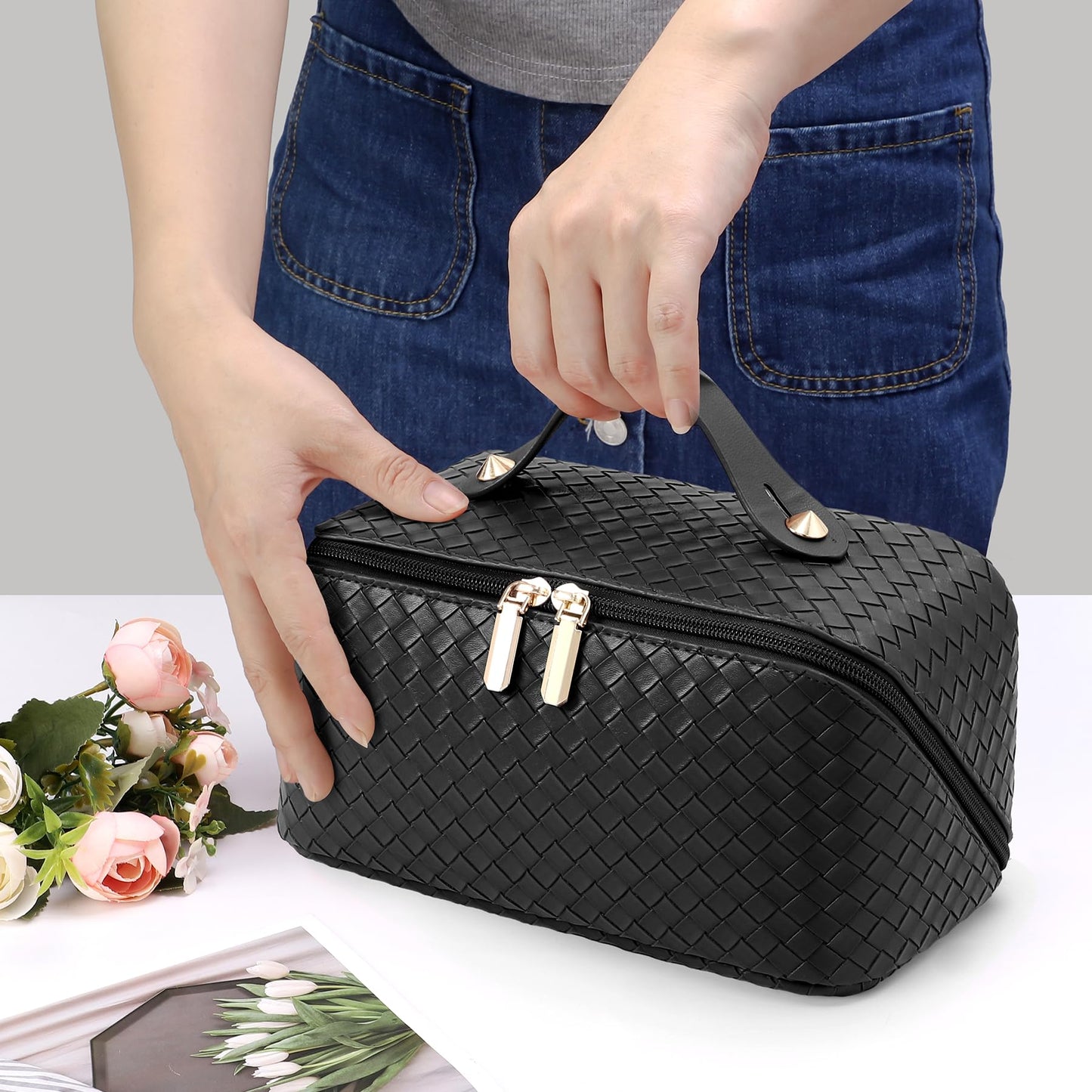 Large Capacity Travel Cosmetic Bag - PU Leather Makeup Organizer Bag Portable Woven Makeup Bags for Women Waterproof Travel Toiletry Bag with Divider Pouch, Black