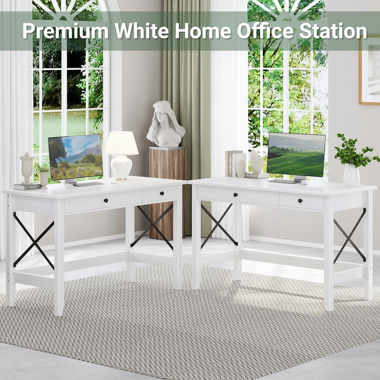 JSB 43.3'' White Computer Desk for Home Office,Farmhouse Executive Desk with 2 File Drawers,Study Writing Table Storage Cabinet,Makeup Vanity Desk for Bedroom (White, 43.3in)