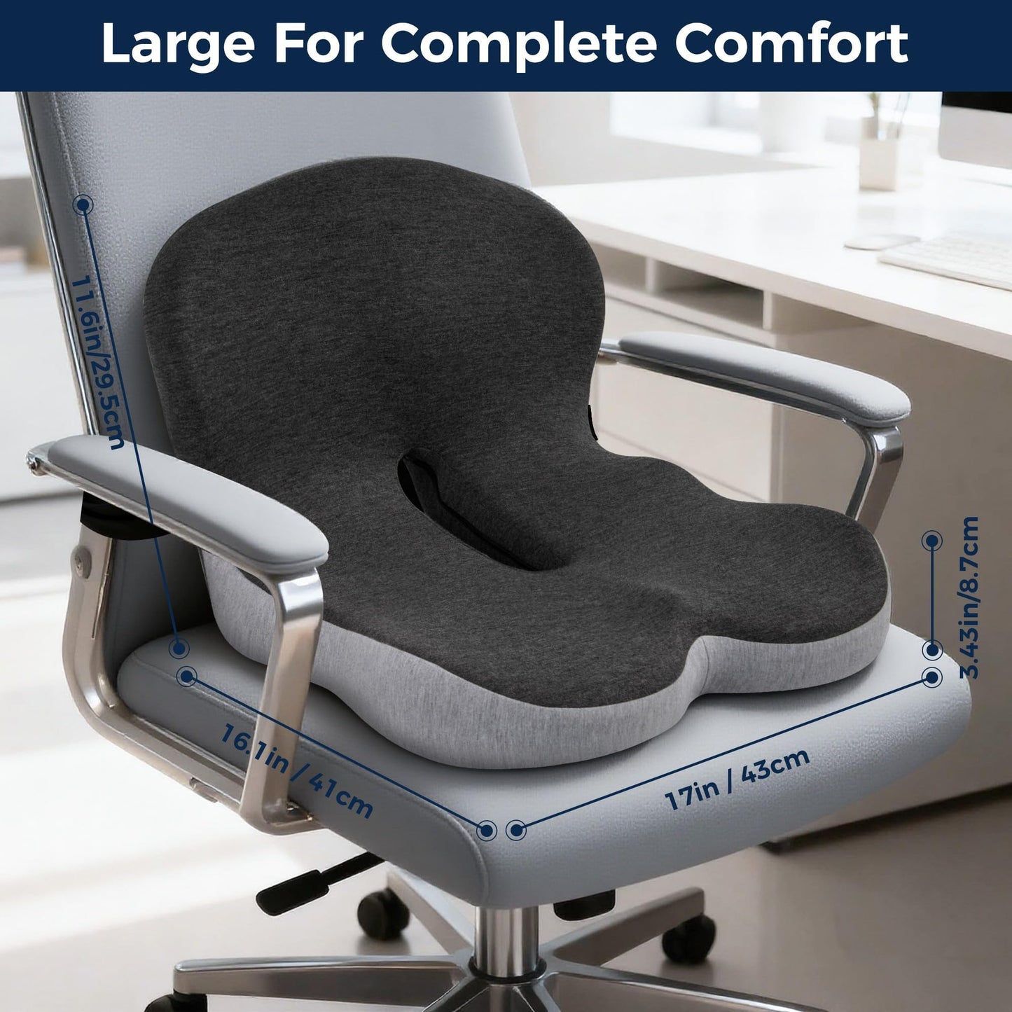 Seat Cushion, Office Chair Cushions for Tailbone Relief, Seat Cushions for Office Chair with L-Shaped Ergonomic Design & Adjustable Strap, Memory Foam Chair Cushion for Long Sitting Worker(Black Gray)