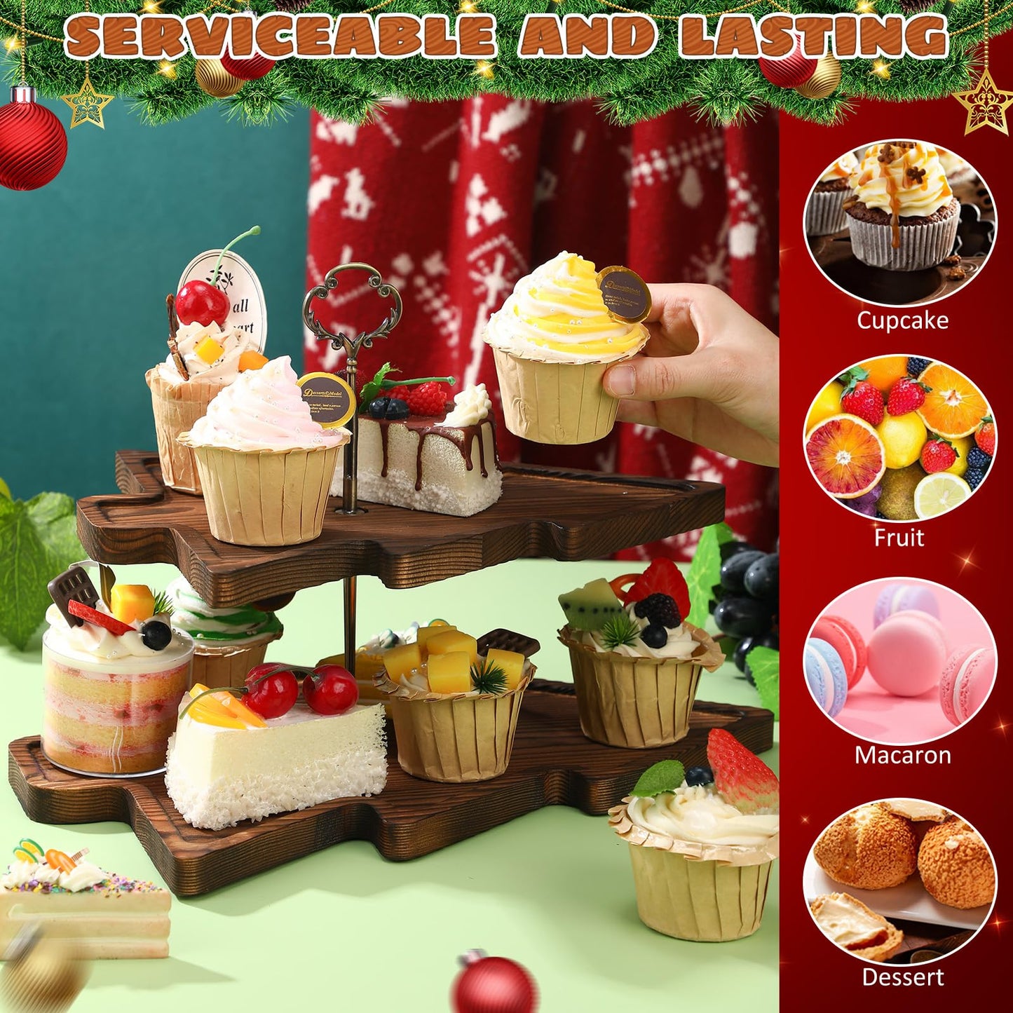 Amyhill Wood 2-Tiered Christmas Tree Tray Cupcake Stand Dessert Display Holiday Serving Platters Xmas Wooden Charcuterie Board for Snacks Food Fruit Appetizers Desserts Cookies (Dark Brown)