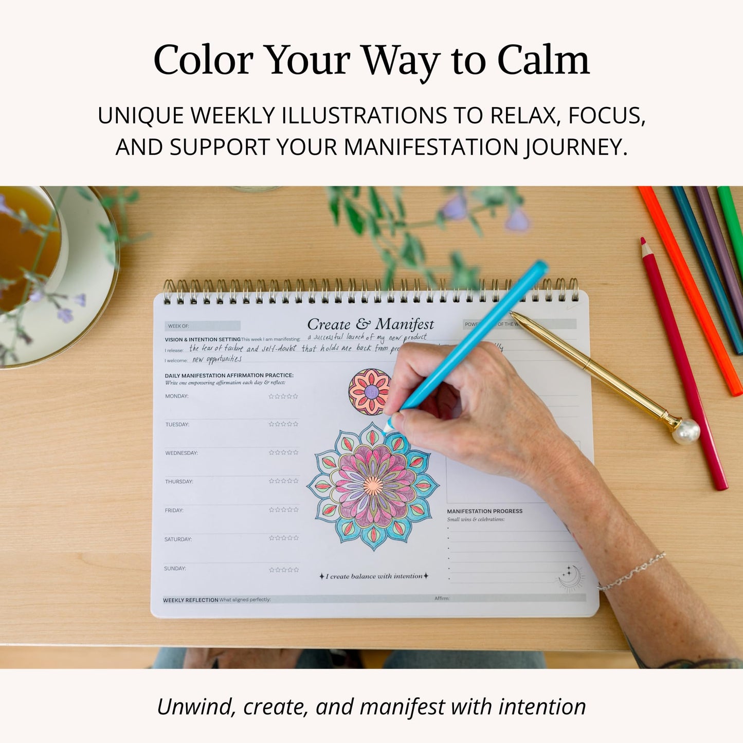 Innerlight Compass Manifestation Planner for Daily Affirmations | Law of Attraction, Gratitude and Mindful Coloring | Intention Setting Tracker for Women | 52 Sheets for 1 Year | A4
