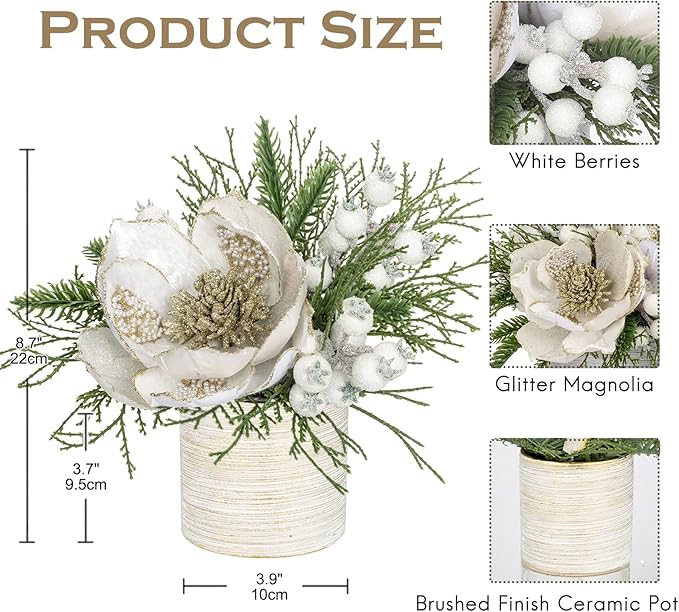 9 inch White Christmas Table Centerpiece 5" Glitter Magnolia Flower and White Berries Fir Greenery Artificial Christmas Floral Centerpiece Tabletop Christmas Table Arrangement Decor