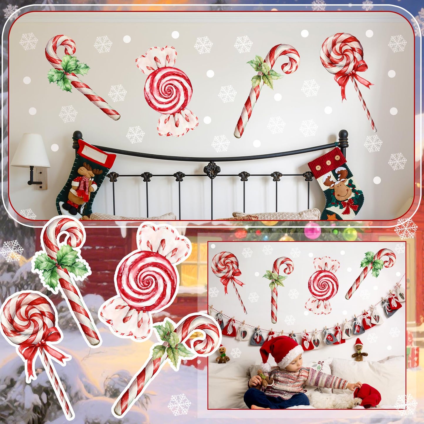 Marspark 4 Pcs Large Christmas Wall Stickers Decals Removable 35.5 x 13.5 Inch Candy Cane Wall Sticker Christmas Snowflakes Window Clings Candy Ornament for Bedroom Living Room Offices Home Decoration