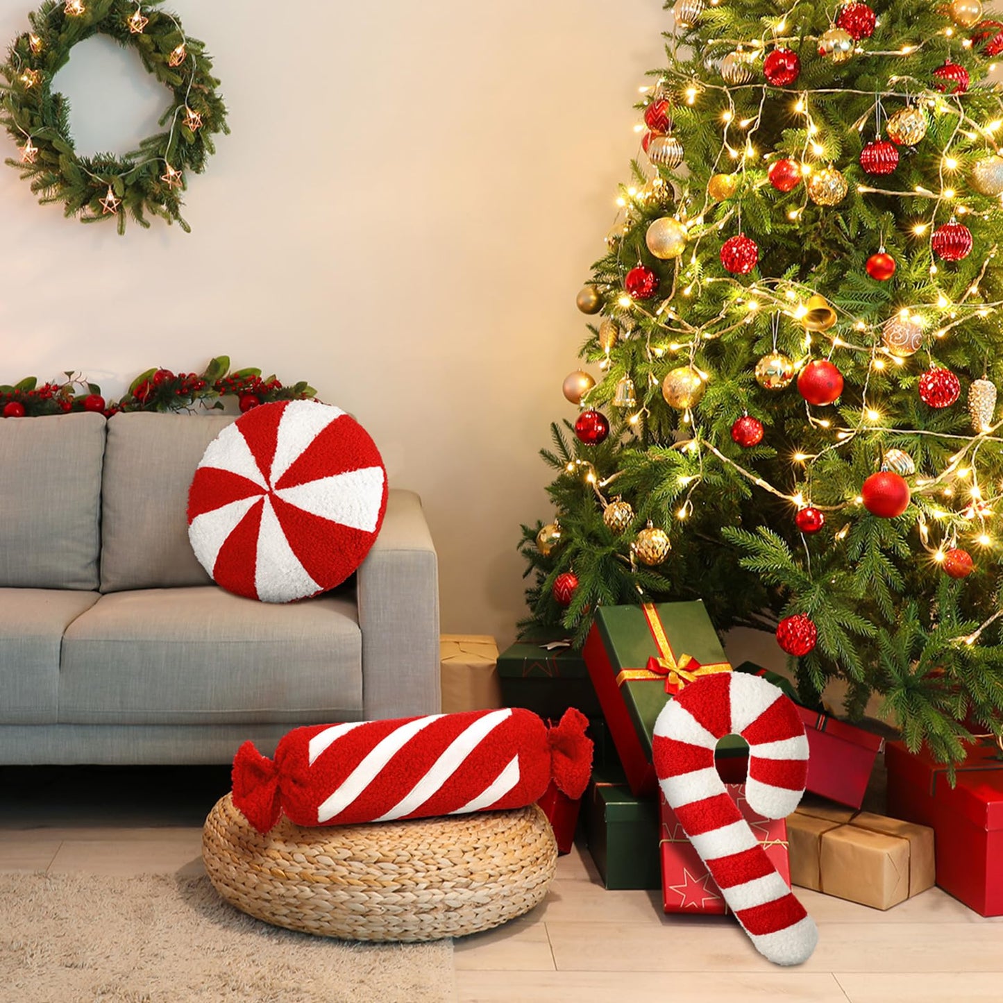 Anglechic 3 Pcs Christmas Pillows Decorative Throw Pillows Candy Merry Christmas Tree Stuffed Wool Soft Xmas Plush Cushion for Sofa Couch Bedroom Living Room(Red)