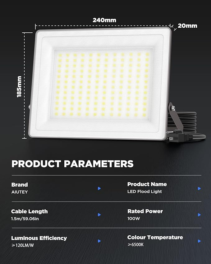 100W LED Flood Light with Frosted Glass, Soft Light, 12000LM, IP66 Waterproof, 6500K Daylight, Outdoor Security Light for Backyard Stadium Lawn (100W1P)