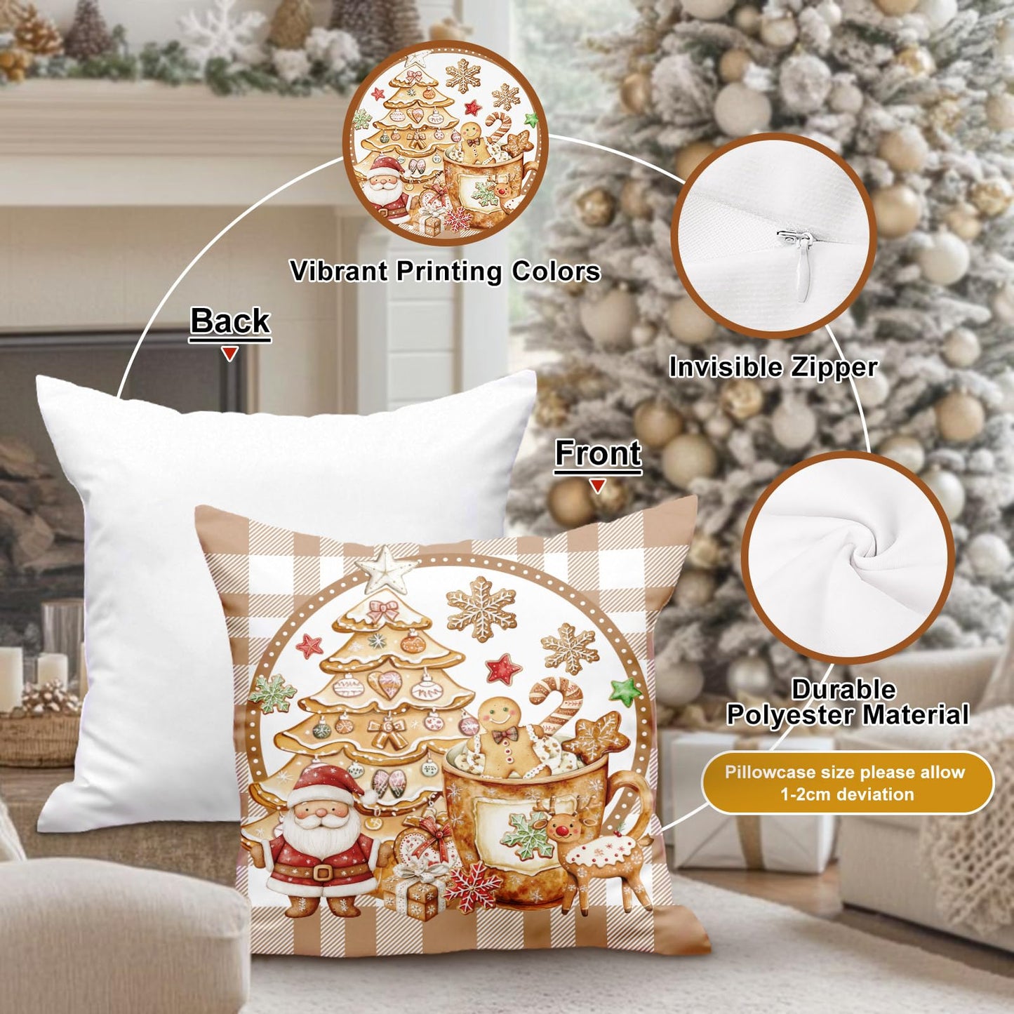 Lanpn Christmas Throw Pillow Covers 18x18 Set of 4, Gingerbread Man House Pillow Covers Christmas Pillowcase Decorative Cushion Cover for Home Bedroom Couch Sofa Decor (Brown)