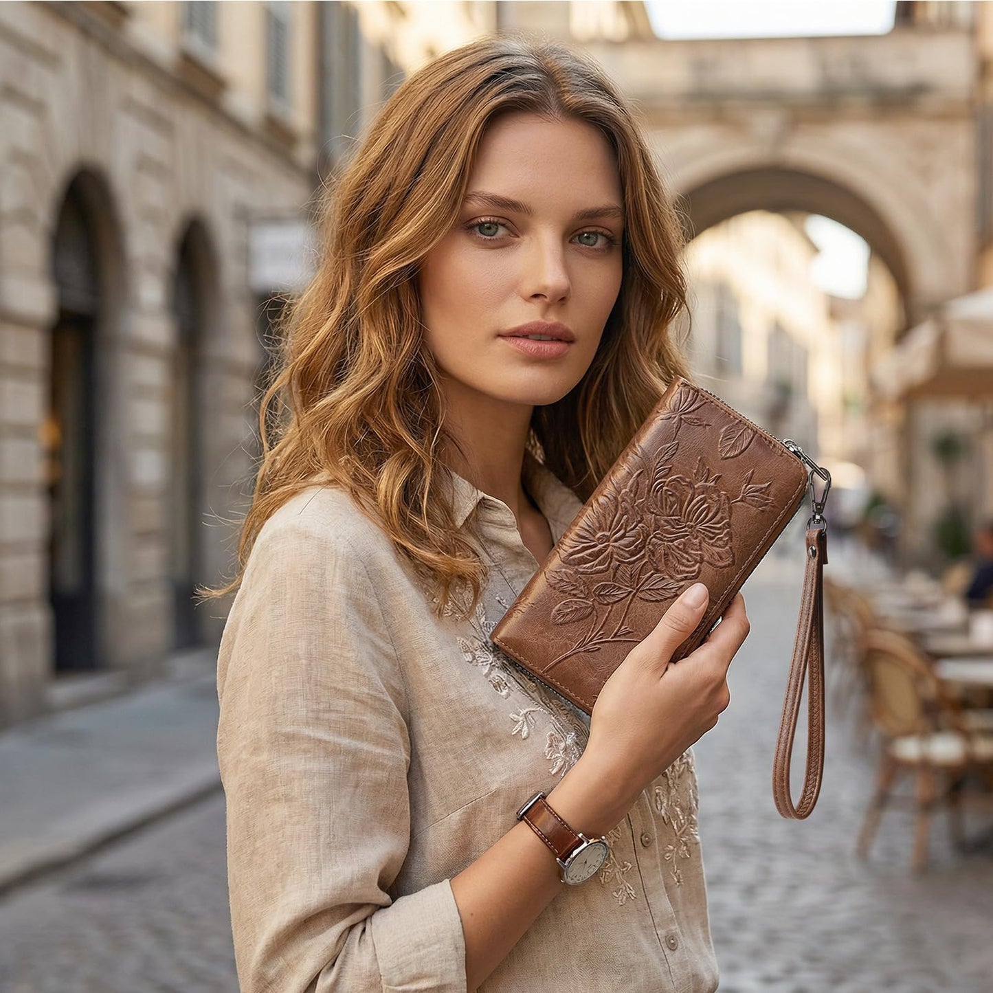 FORUWISH Wallet Women RFID Credit Card Holder Embossed Vegan Leather Large Capacity Brown Wristlet Wallets for Women