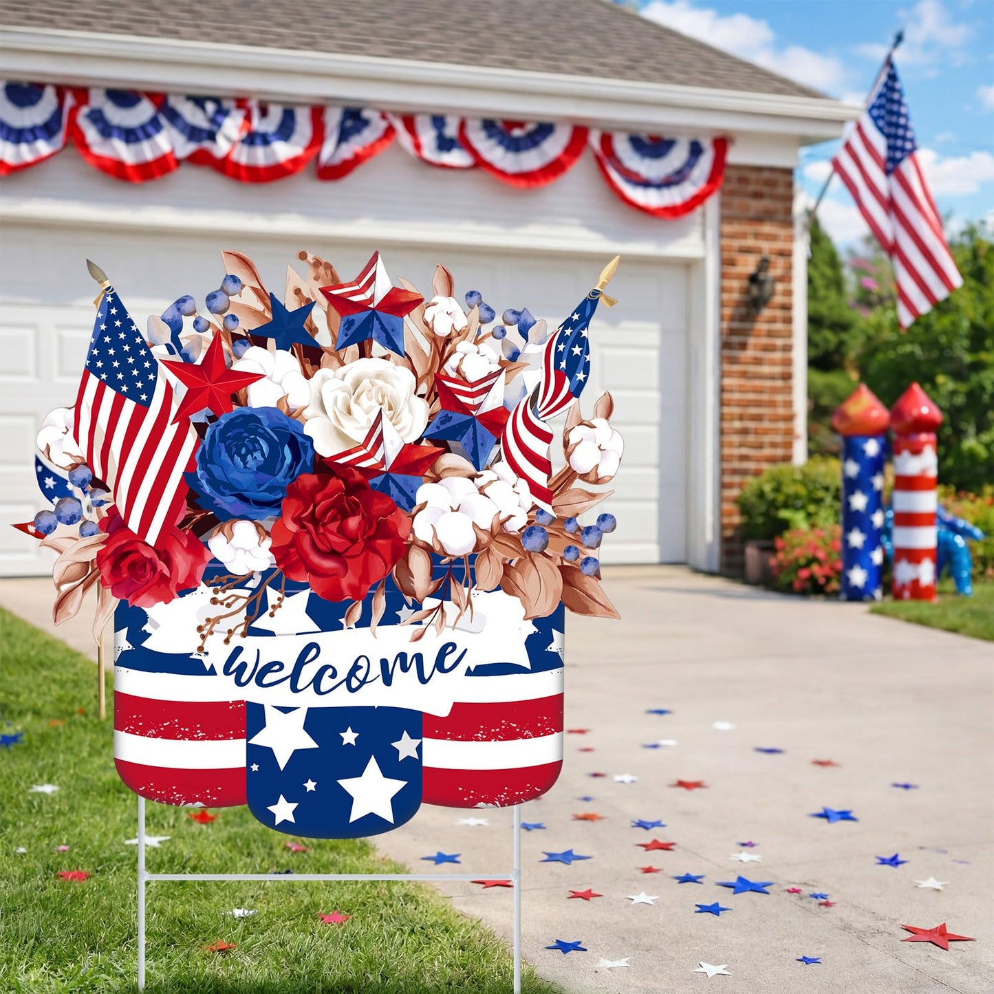 Yookeer 4th of July Decorations Outdoor Metal 250th Anniversary Patriotic Decorative Garden Stakes Red White Blue Star Welcome Yard Sign for Independence Day Outside Porch Patio Lawn Decor