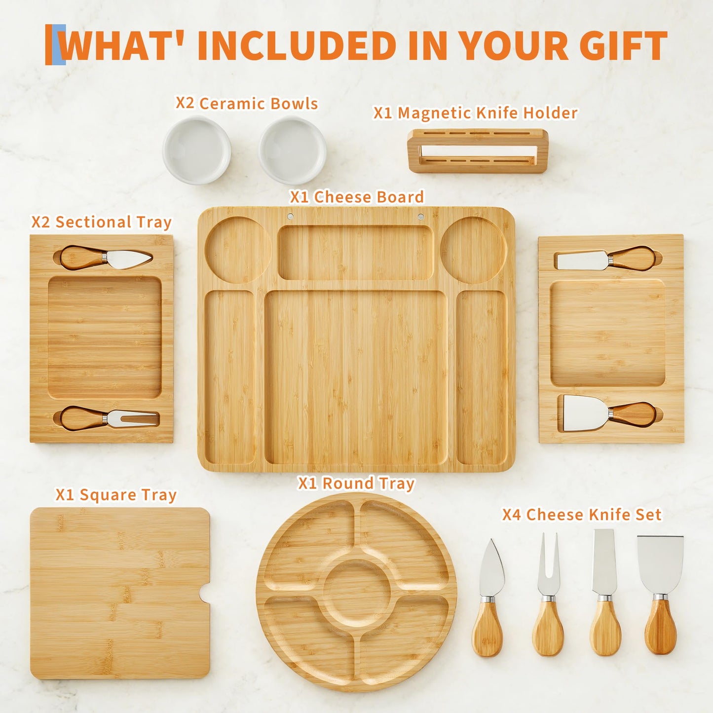 Bamboo Charcuterie Boards Gift Set, Large Cheese Board with Knives for Serving Meat & Cheese Platter, House Warming Gifts New Home, Wedding Gift for Couple, Bridal Shower, Birthday Gift for Women