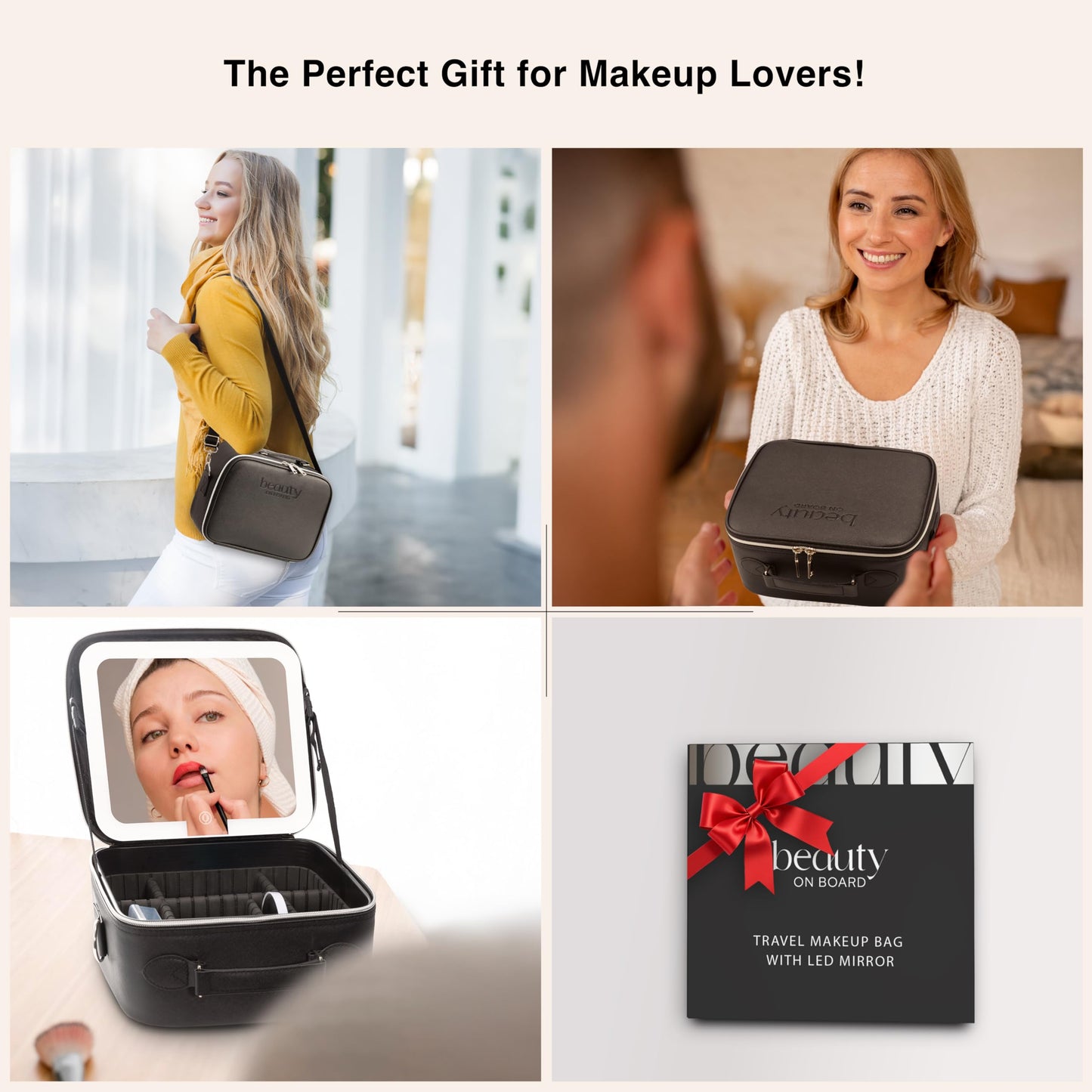 BeautyOnBoard Makeup Bag with LED Mirror, PU Leather Makeup Case - 3 Adjustable Brightness Levels, Lighted Cosmetic Case with Mirror, Dividers - Make Up Portable Storage Travel Organizer with Handle