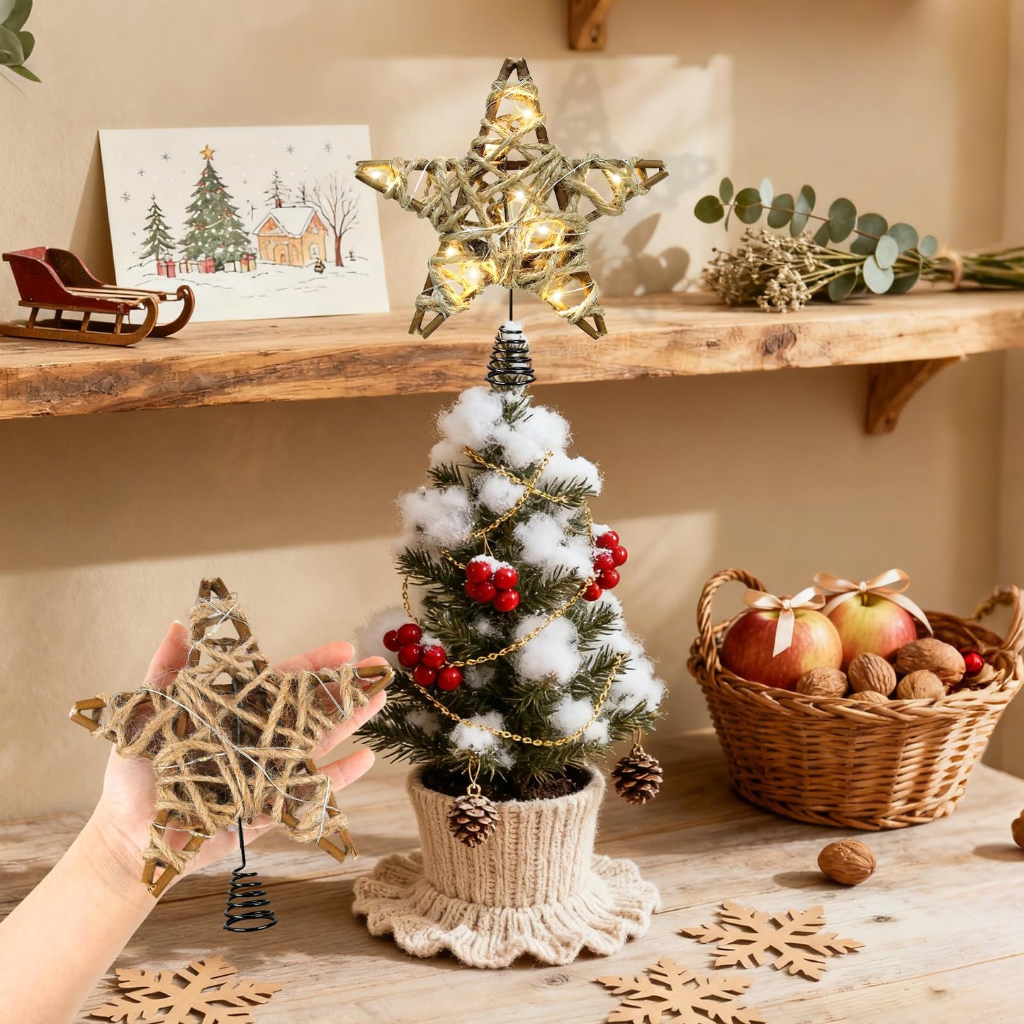 LAWOHO Christmas Tree Topper Retro Woven Star with Lights, Farmhouse Christmas Decor, Mini Rustic 6 Inch Star with 6H Timer, Light Up Christmas Tree Decorations, for Xmas Tree, Holiday, Party