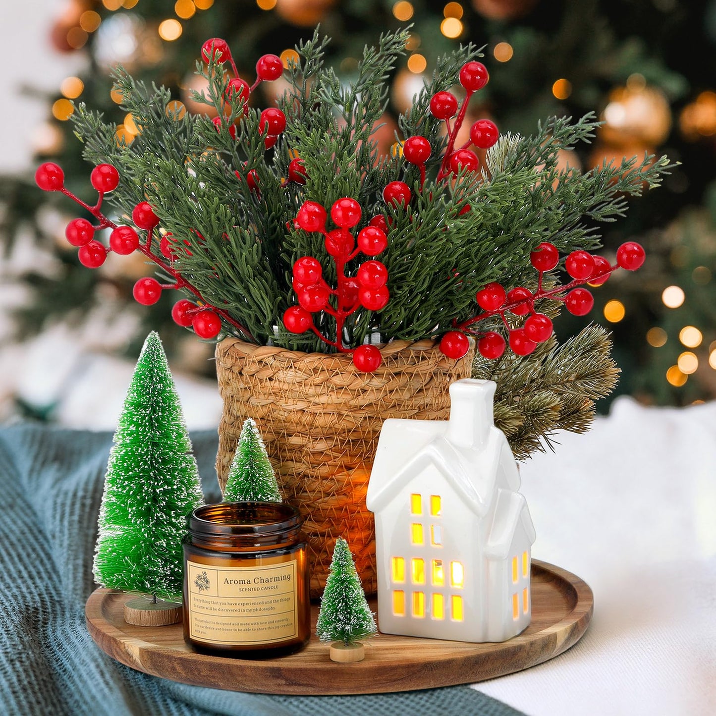 Pinkunn 25 Pcs Christmas Tray Decor Table Centerpieces with Round Wood Tray Scented Candles Ceramic Village House Mini Xmas Trees Pine Leaves Red Berries Rattan Flower Pot Xmas Decorative Set for Home