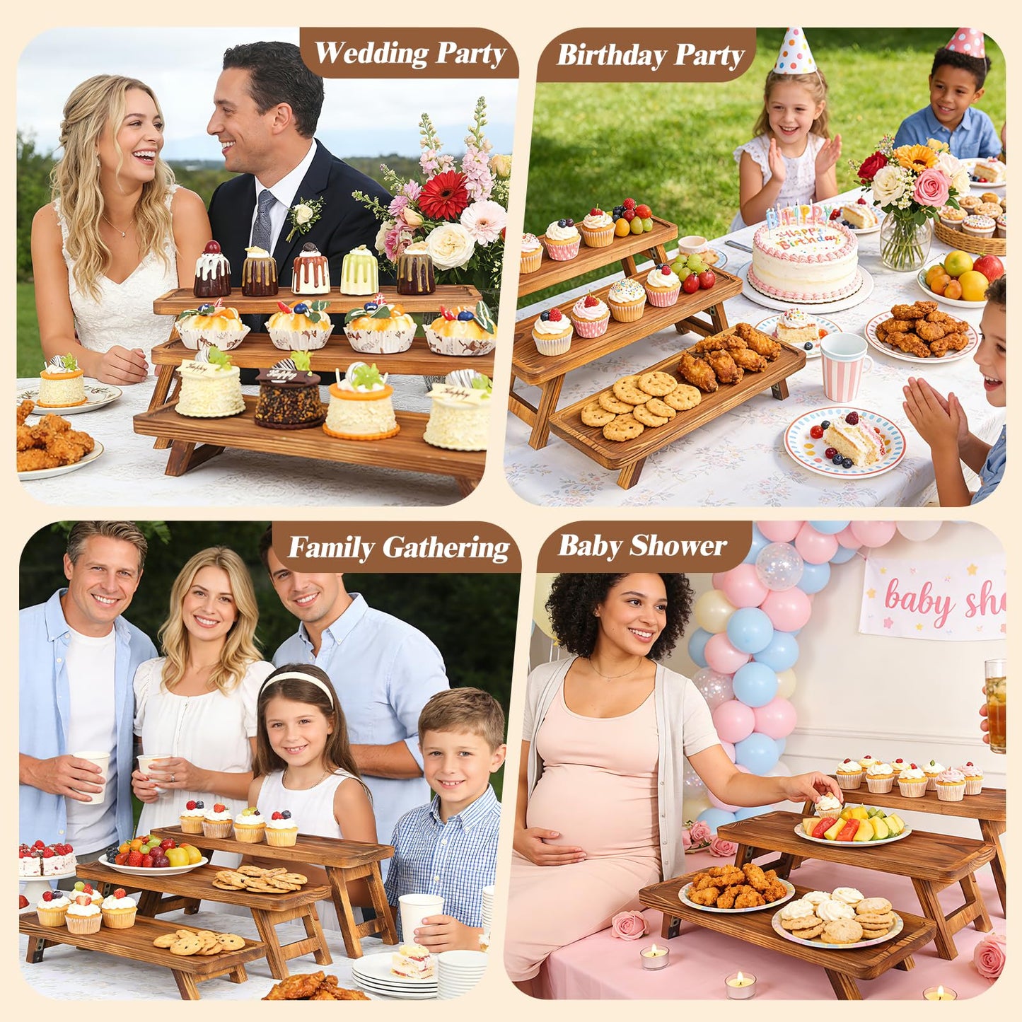 Wisreach 3 Tier Wooden Serving Tray Stand, Foldable Tiered Dessert Display Set for Party, Wedding, Birthday, Christmas, Rustic Charcuterie Boards Table Decor