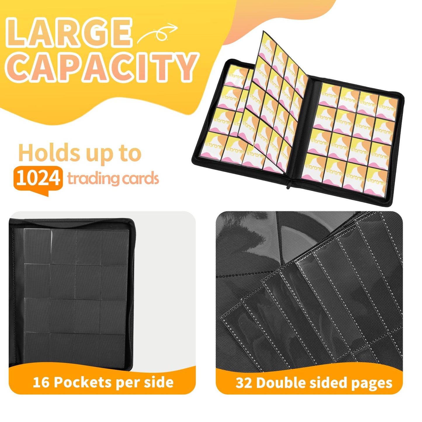 Premium 1000+ Pockets Trading Card Binder, 16-Pocket Ringless Side-Loading Album for TCG, MTG, Lorcana, Sports & Standard-Size Cards (Black2)