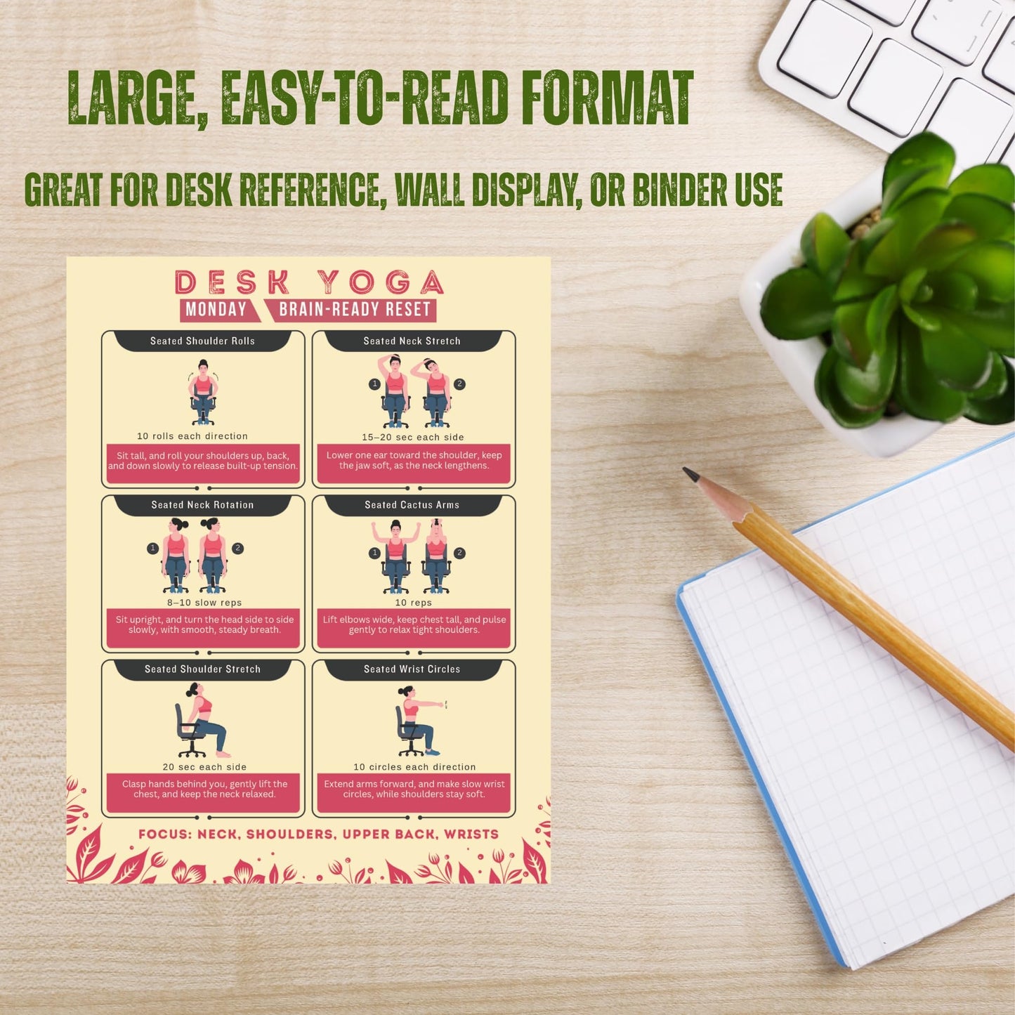 Auroscent Desk Yoga 7-Day Seated Stretching Routine โ Chair Yoga Workout Charts, Office Exercise Program for Neck, Shoulders & Back, Daily Mobility & Stretch Guide for Home or Work