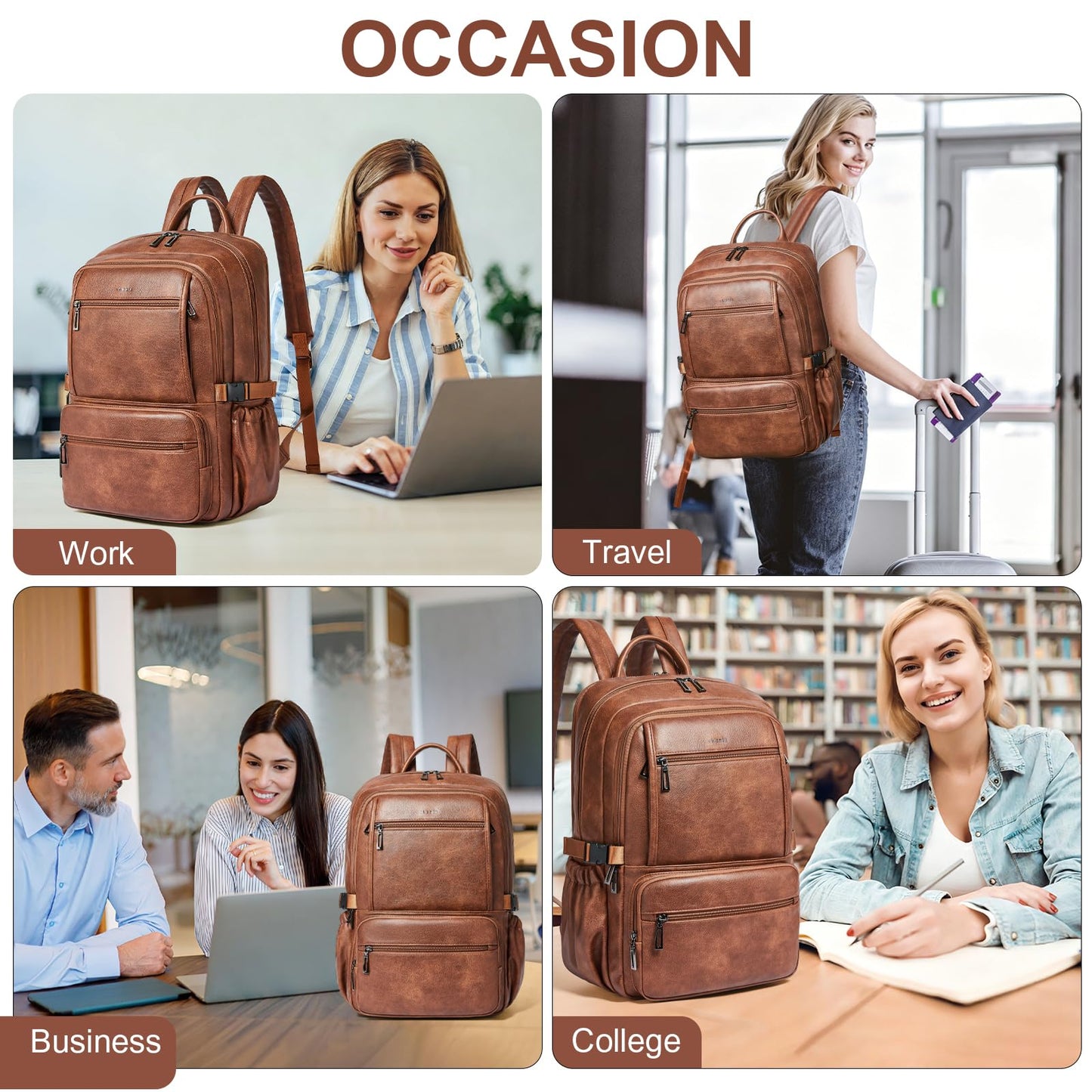 Shrrie 17 Inch Laptop Leather Backpack Work Laptop Backpack Purse for Women Mens Travel Back Pack Large Capacity for Business College Women Convertible Tote Brown Backpack Computer Purse