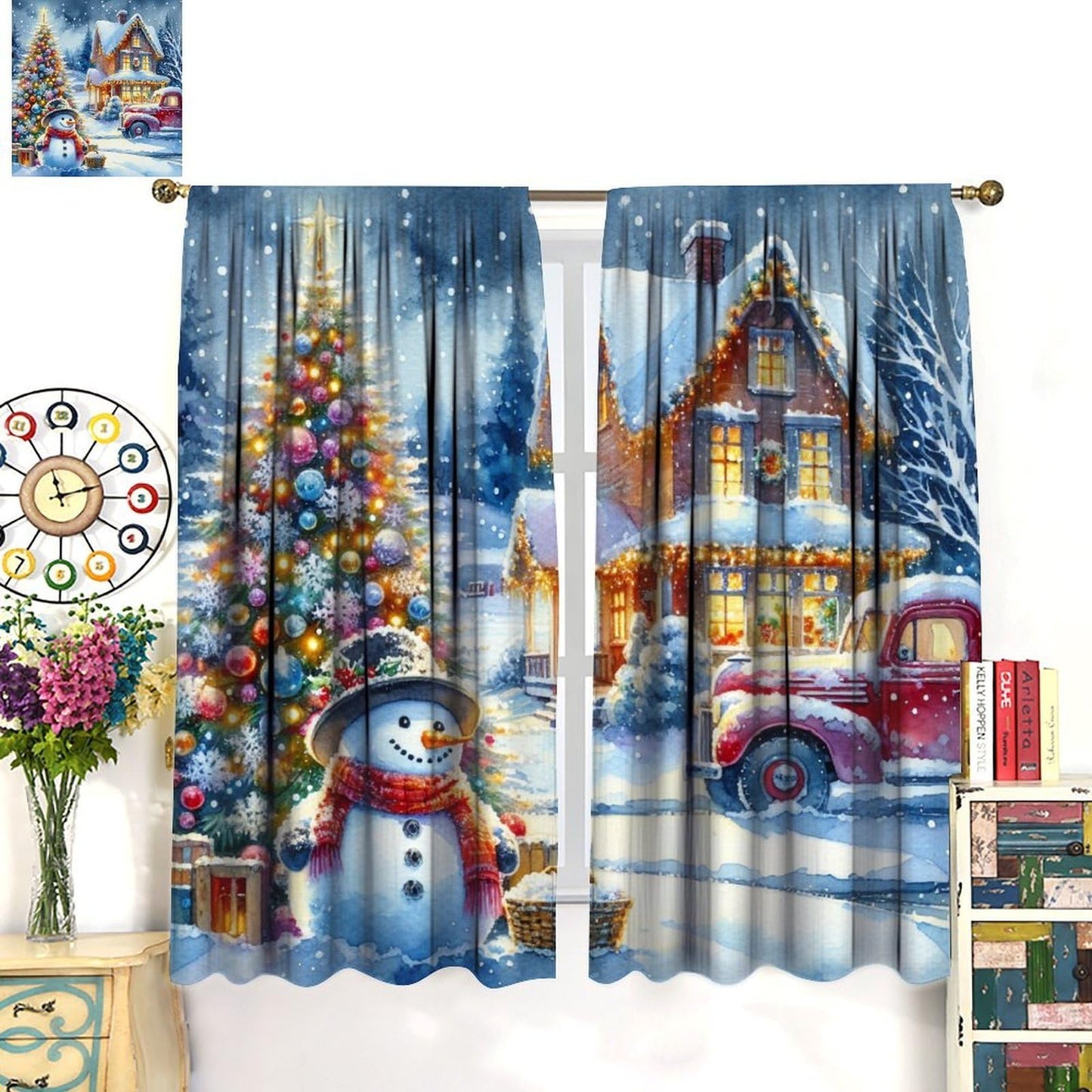 Merry Christmas Curtain Red Truck Xmas Tree Snowman Winter Cabin Holiday Window Treatment for Living Room Bedroom Kitchen Cafe Study Dinin Merry Christmas Decor Window Drapes 42"W X 45"L