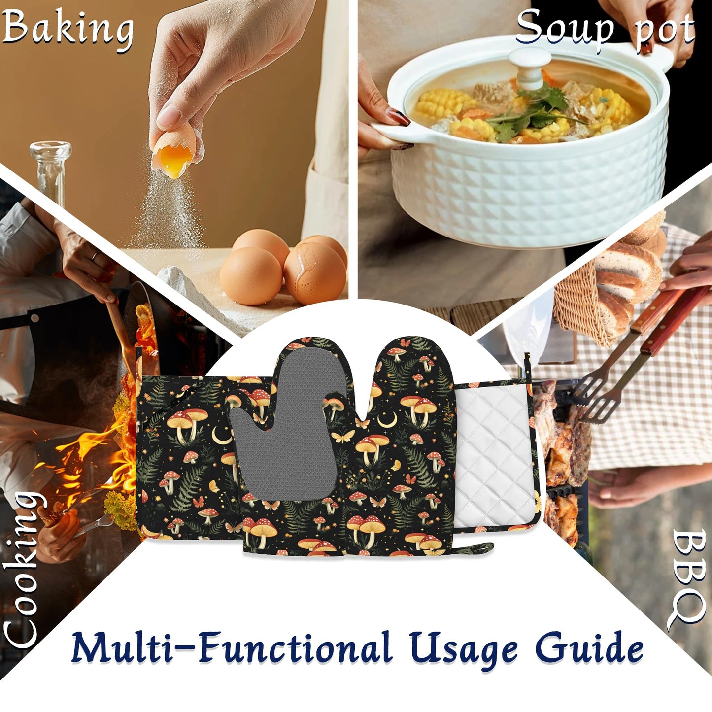 Boho Mushrooms Oven Mitts and Pot Holders Sets of 4 Wildflowers Butterfly Heat Resistant Silicone Oven Mits Gloves Non-Slip Kitchen Mittens Potholders for Cooking Baking Grilling BBQ