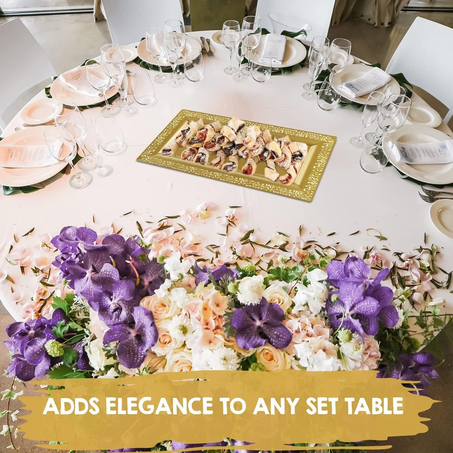 Yumchikel-Decorative Plastic Serving Tray & Platter Set (6 pk)-Gold & lace Rim Serving Trays & Platters for Food - Weddings, Upscale Parties, Dessert Table, Cupcake Display - 14"x7.5" inches