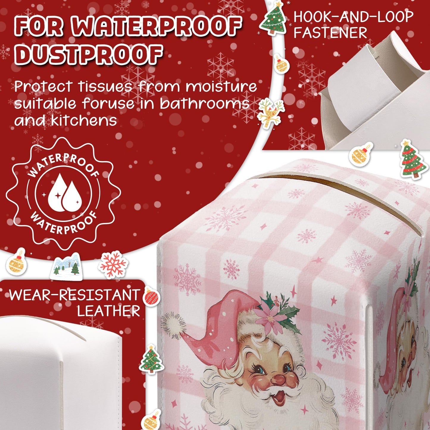 Christmas Box Cover Square, Santa Claus Pink Checkered Decorative Tissue Box Holder, Waterproof Leather Tissues Boxes Dispenser for Bathroom, Office, Car, Bedroom Nightstand, Home Decor