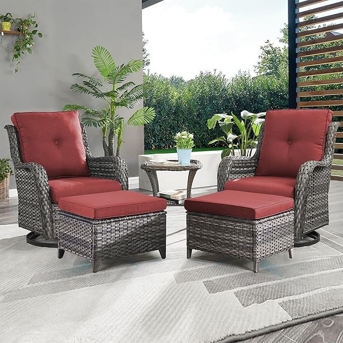 Rilyson Wicker Patio Furniture Set - 5 Piece Rattan Outdoor Sectional Conversation Sets with 2 Swivel Rocking Chairs,2 Ottomans and 1 Side Table for Porch Deck Garden(Mixed Grey/Red)