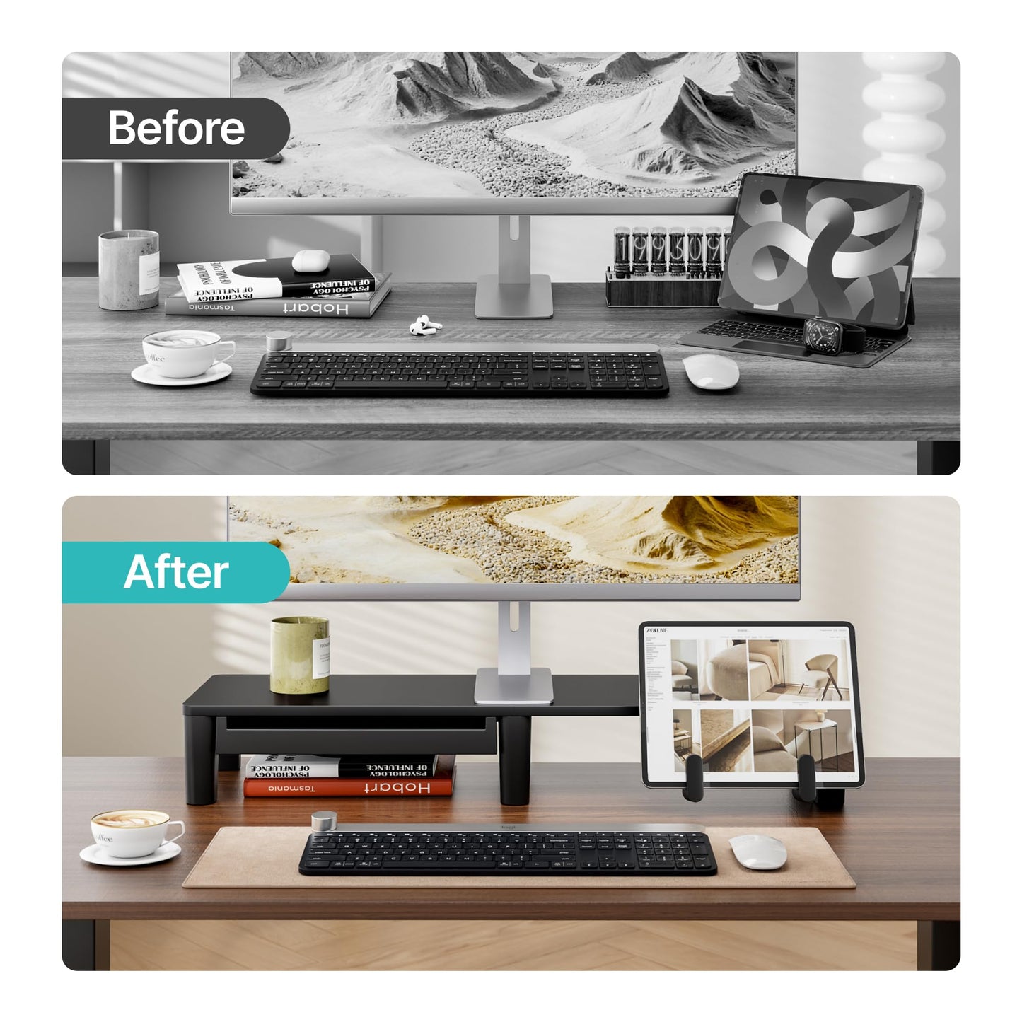 PEGZONE Monitor Stand Riser for Desk, Ergonomic Computer Riser with Storage Drawer, Desktop Shelf Organizer for PC, Laptop, Desk Computer Riser For Home Office
