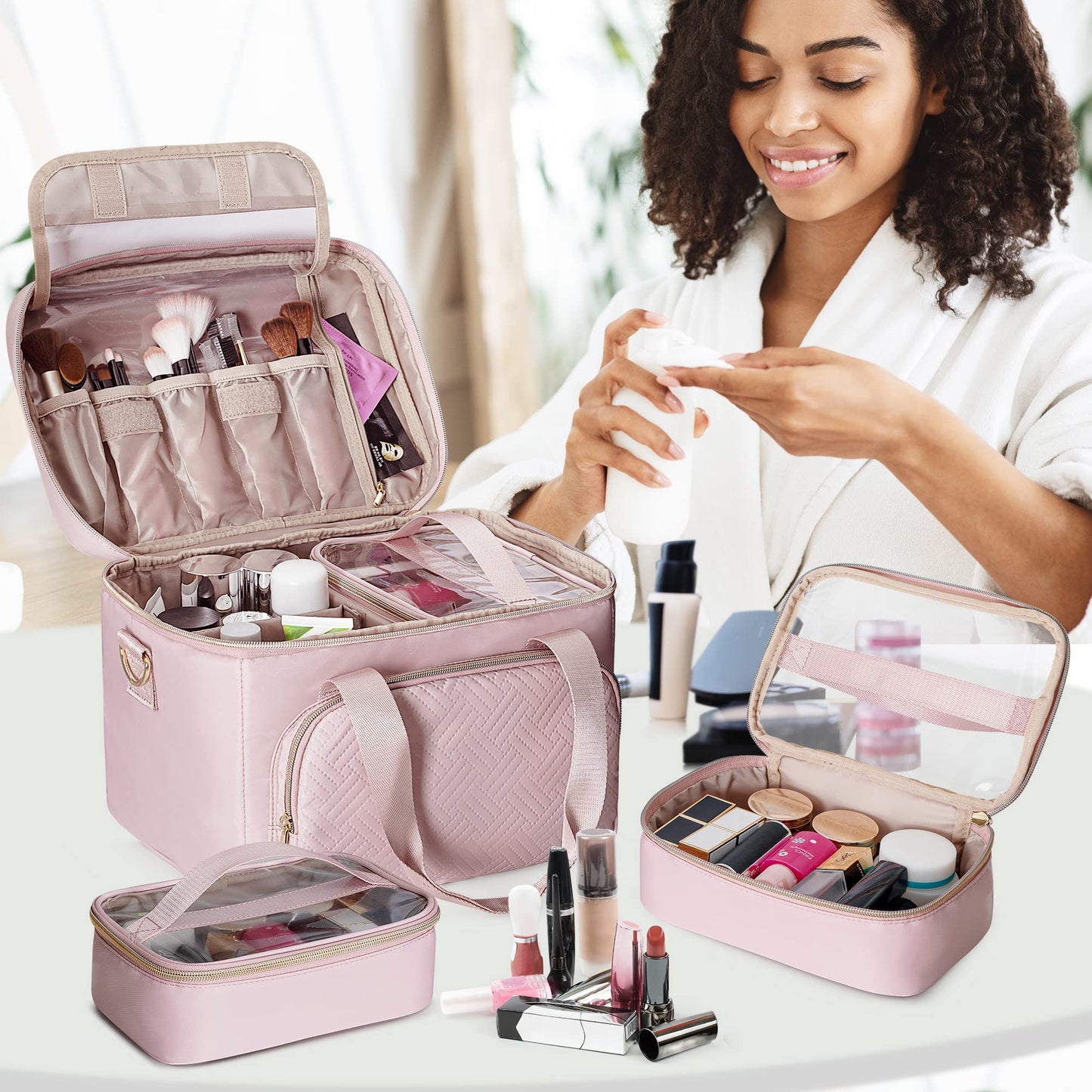 Prokva Travel Makeup Bag with 2 Pouches and Adjustable Dividers, Large Cosmetic Case Make up Organizer for Women Fits Bottles Vertically, Pink (Patented Design)