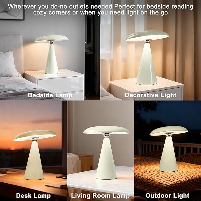 Mushroom Lamp Mid Century Modern Table Lamp, LED Cordless Rechargeable Bedside Light, Dimmable Touch 3-Color Temp, Retro Small Lamp for Bedroom, Living Room,Aesthetic Decor (Cream)