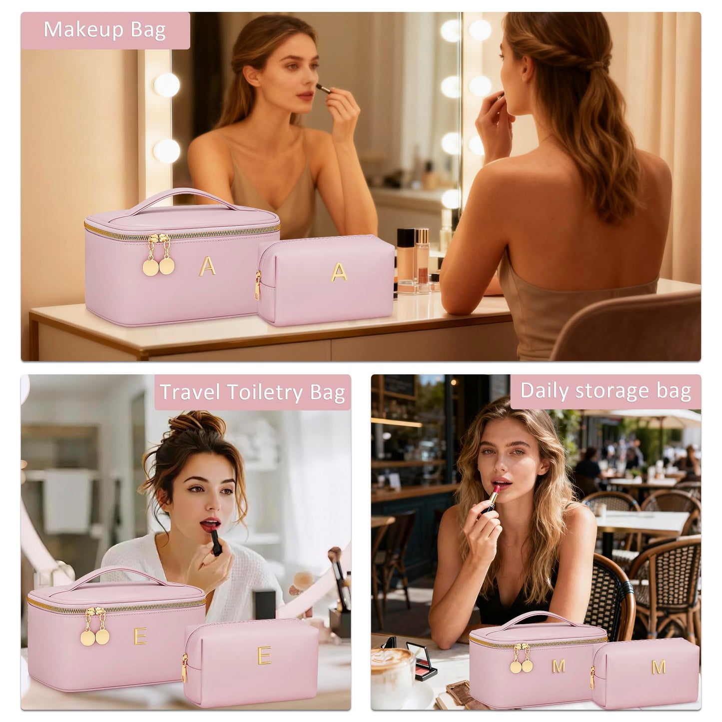 CLOUDWINGS Personalized Initial Makeup Bag Gifts for Women, Large Travel Cosmetic Organizer with Handle & Divider, PU Leather Toiletry Bag for Girls, Birthday Bridesmaid Gift Set - Pink - A
