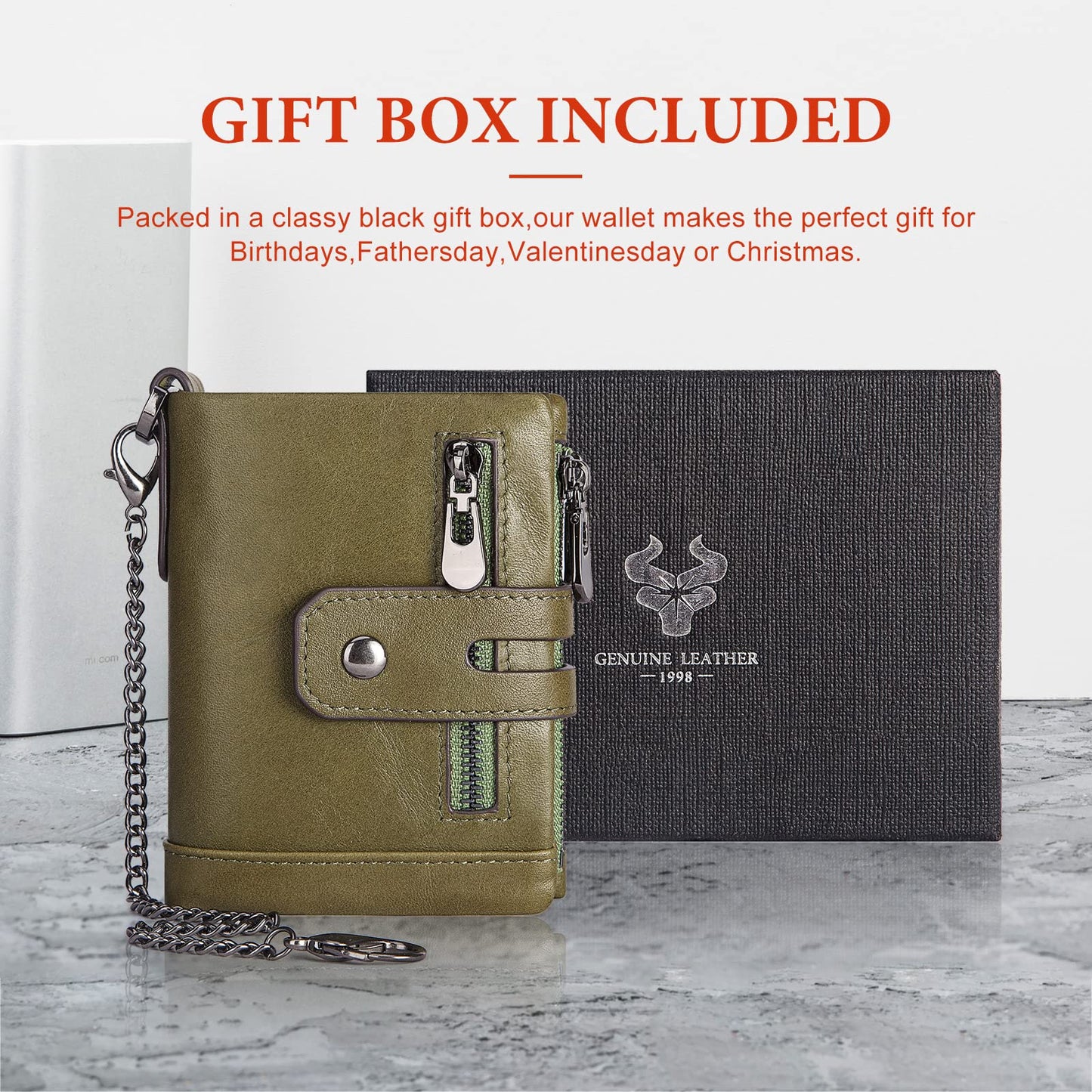 gzcz Men Wallets with Chain Genuine Leather Purse RFID Blocking Minimalist Bifold Wallet with Zipper Coin Pocket ID Window, Green