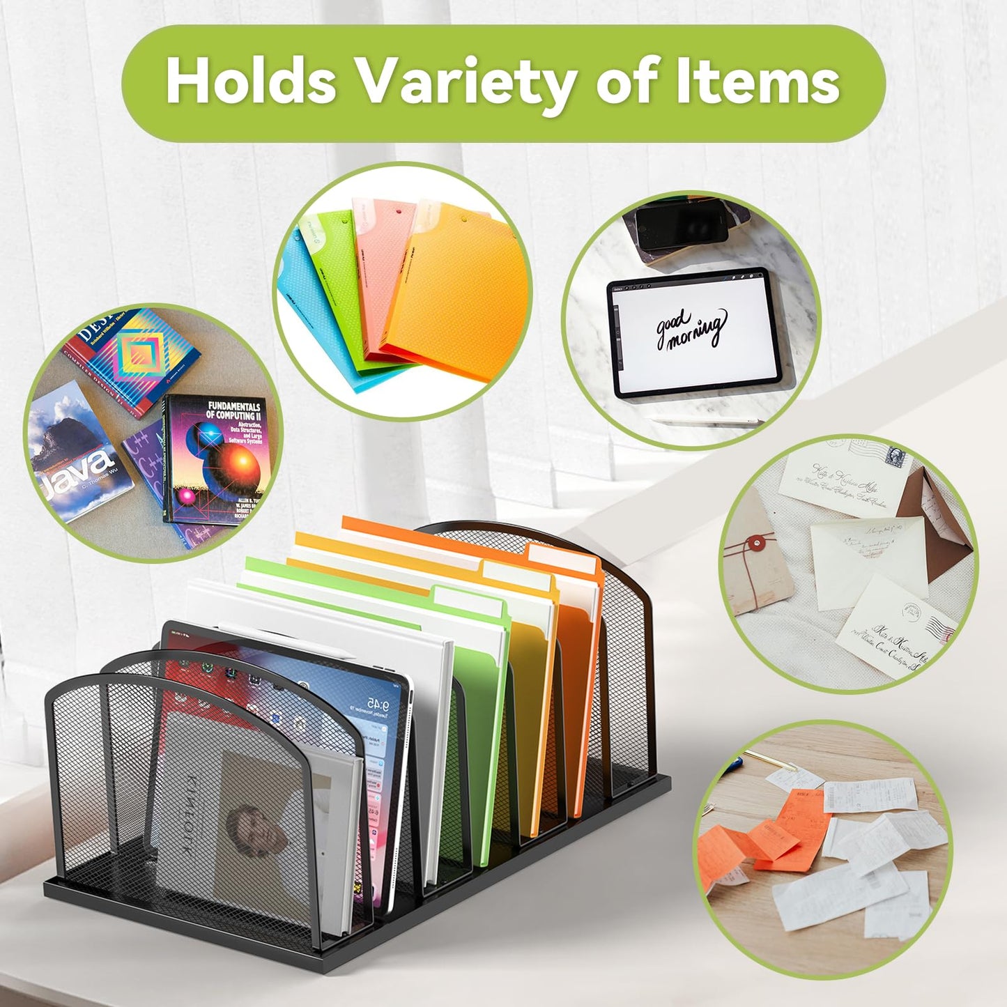 MINDEPOT Desk File Organizer 7 Sections Upright Mesh File Sorter Organizer for Desk, Office Organization File Holder for Home, Office & Classroom (Black, 1Pack)