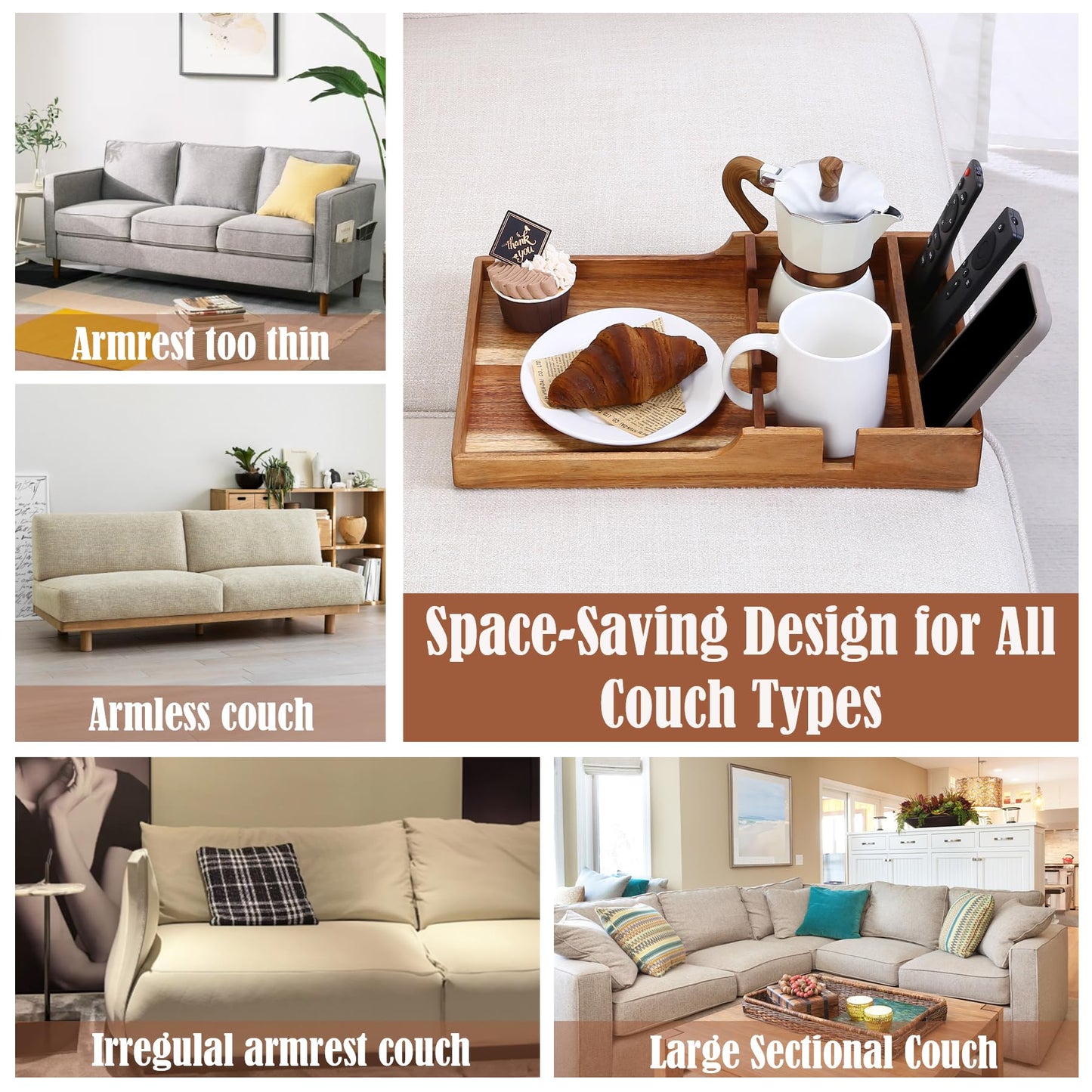 Nnewvante Couch Tray Insert with Cup Holder,2-in-1 Insert & Flat Sofa Organizer Acacia Wood with 2 Cup Holders,Fits Middle Couch or Ottomans,for Snacks, Drinks, Remotes,15.35x9.84-inch