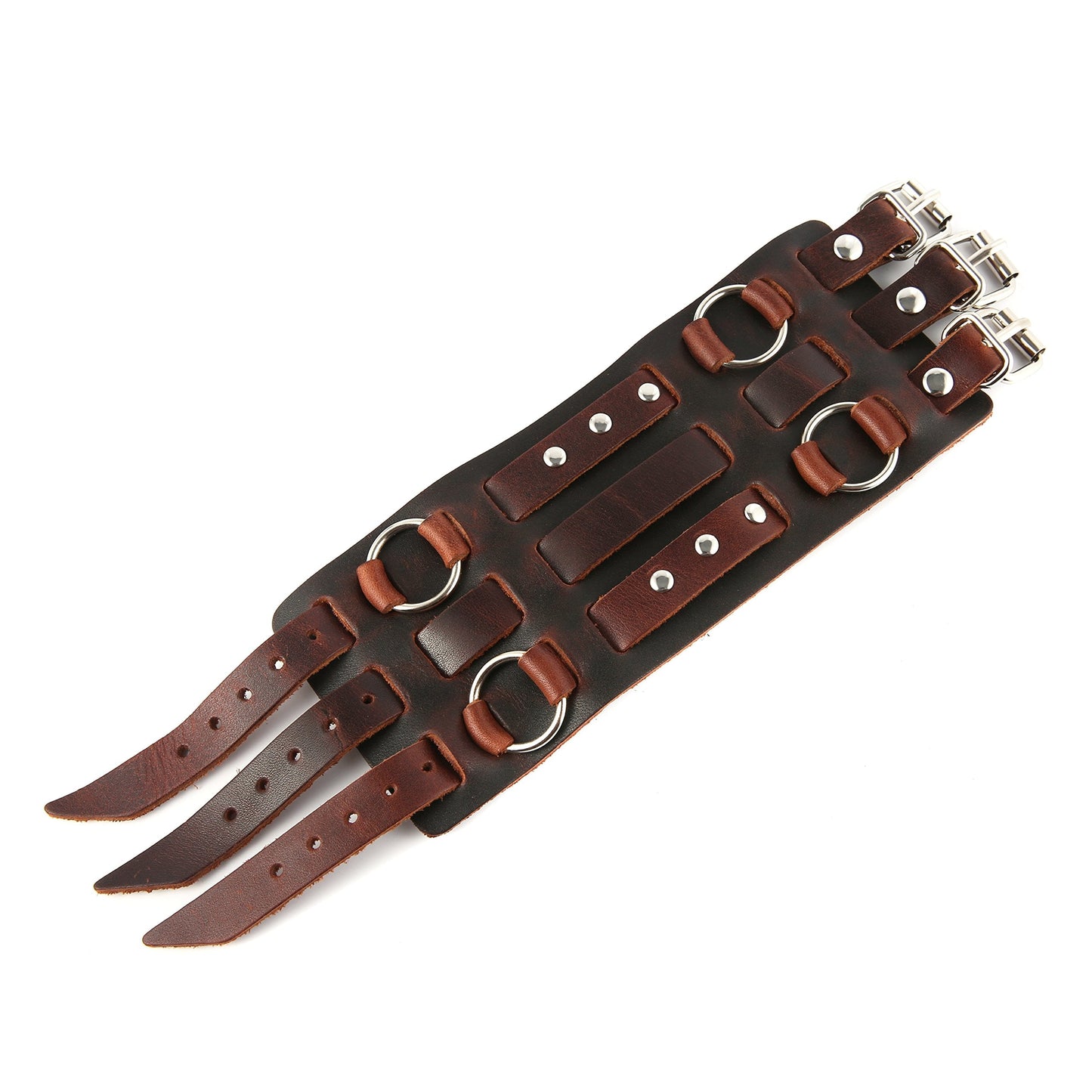 HZMAN Men's Alloy Ring Genuine Leather Bracelet Bangle Cuff Silver Tone Adjustable (Brown)