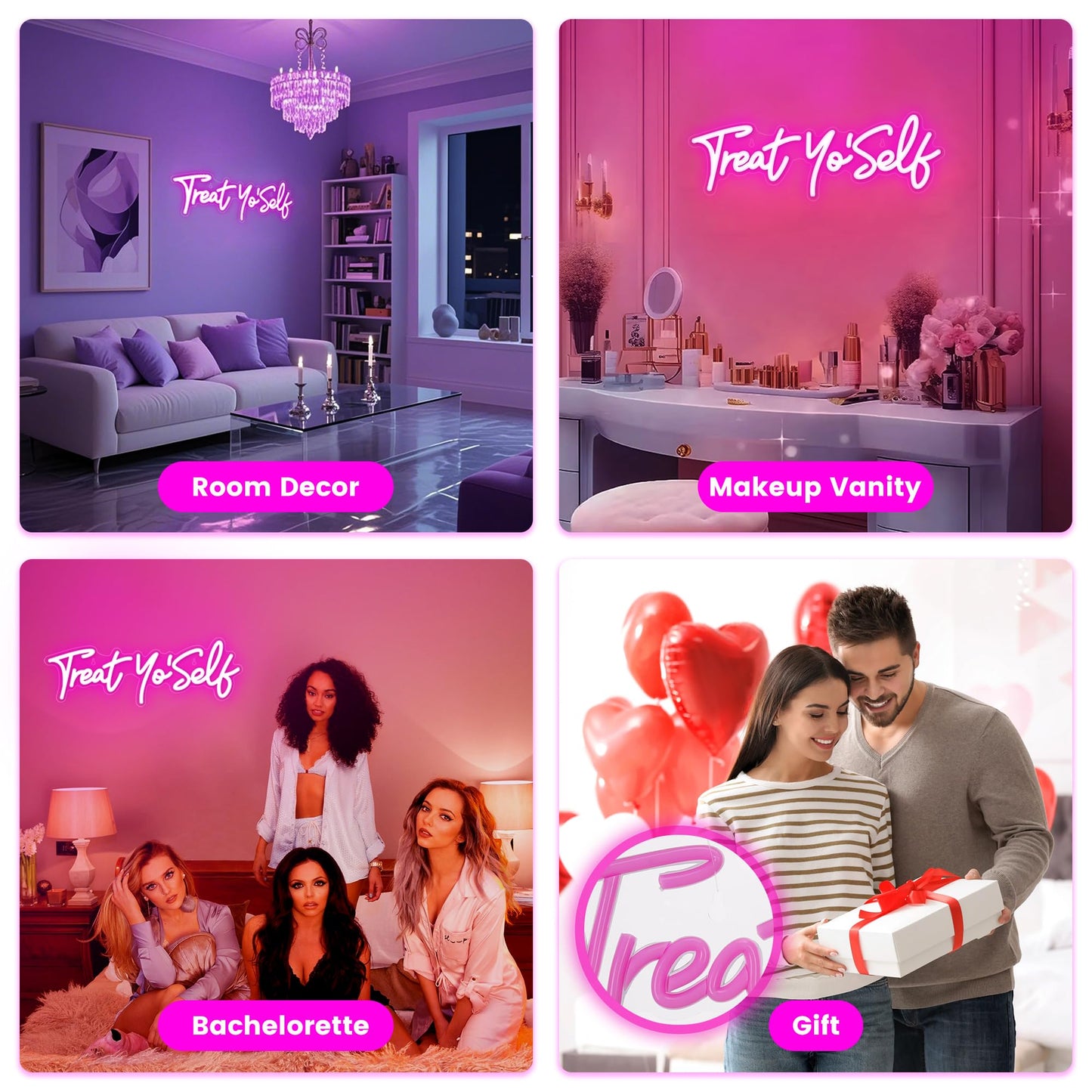 Kavaas Treat Yourself Neon Sign 16.5" x 5.7", Pink LED Light Up Signs for Wall Decor | Treat Yo Self Neon Sign for Girls Bedroom, Bar, Office, Dorms