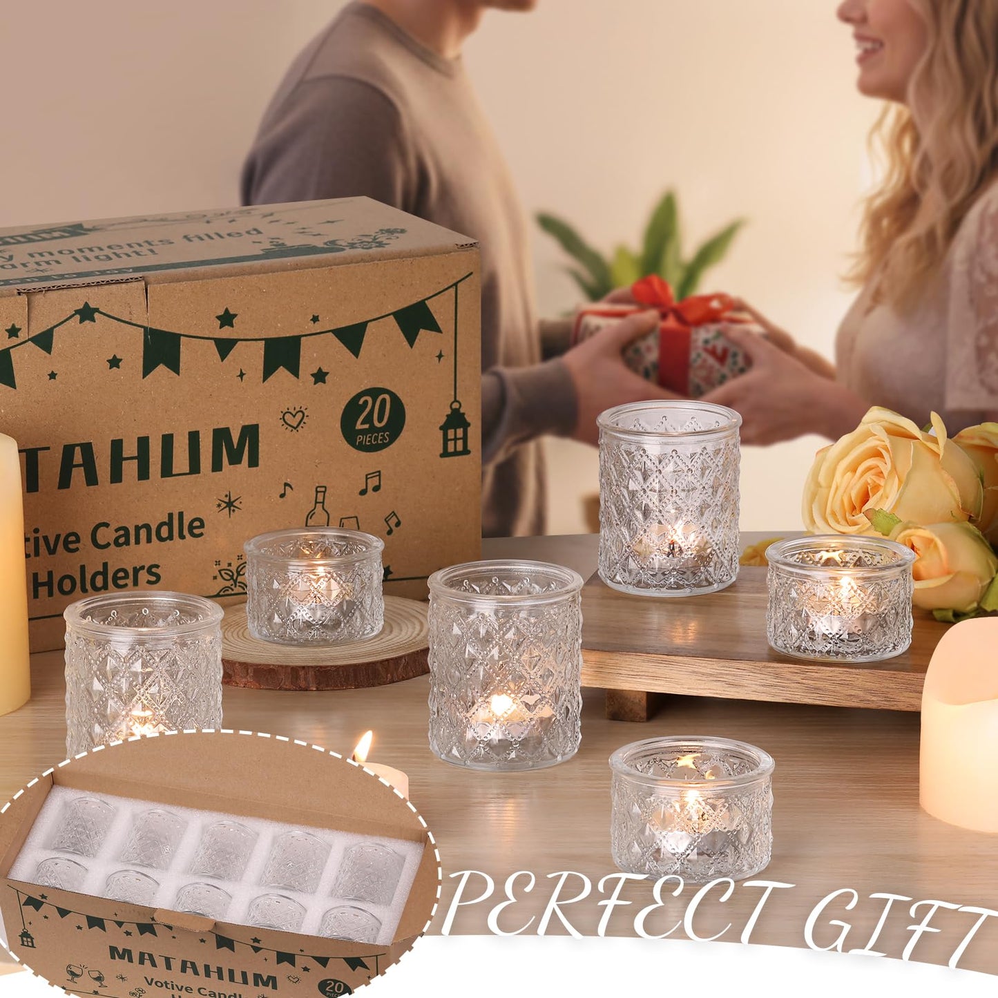 MATAHUM 20 Pcs Clear Tealight Candle Holders, Glass Votive Candle Holders Bulk, 2 Sizes for Wedding Table Centerpieces, Bridal Shower, Baby Shower, Birthday Party Decorations