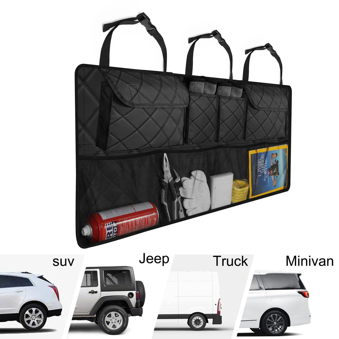 Femuar Car Trunk Organizer, Large Capacity Backseat Trunk Organizer (42"*18"), Collapsible Car Storage Bag with 8 Pockets, SUV/MPV/Truck - Black